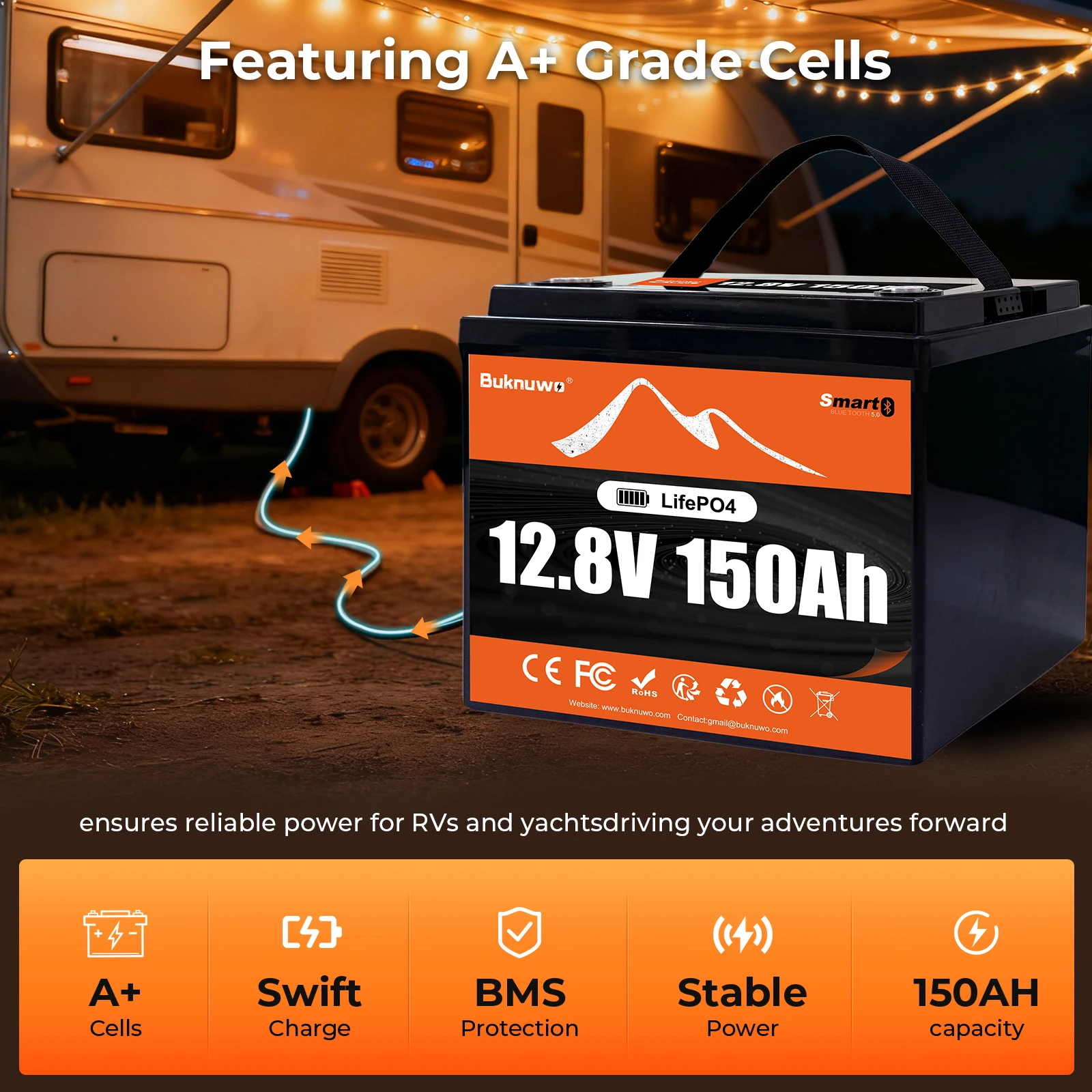 Buknuwo Smart 12V/12.8V 150Ah Bluetooth LiFePO4 Lithium Battery, 1920Wh Power Energy Battery, Built-in 100A BMS Grade A Cells, Low-Temp Protection, Capable Of Over 4, 000 Cycles Support Series/Parallel Battery For Solar, RV, Marine, Off-Grid Application