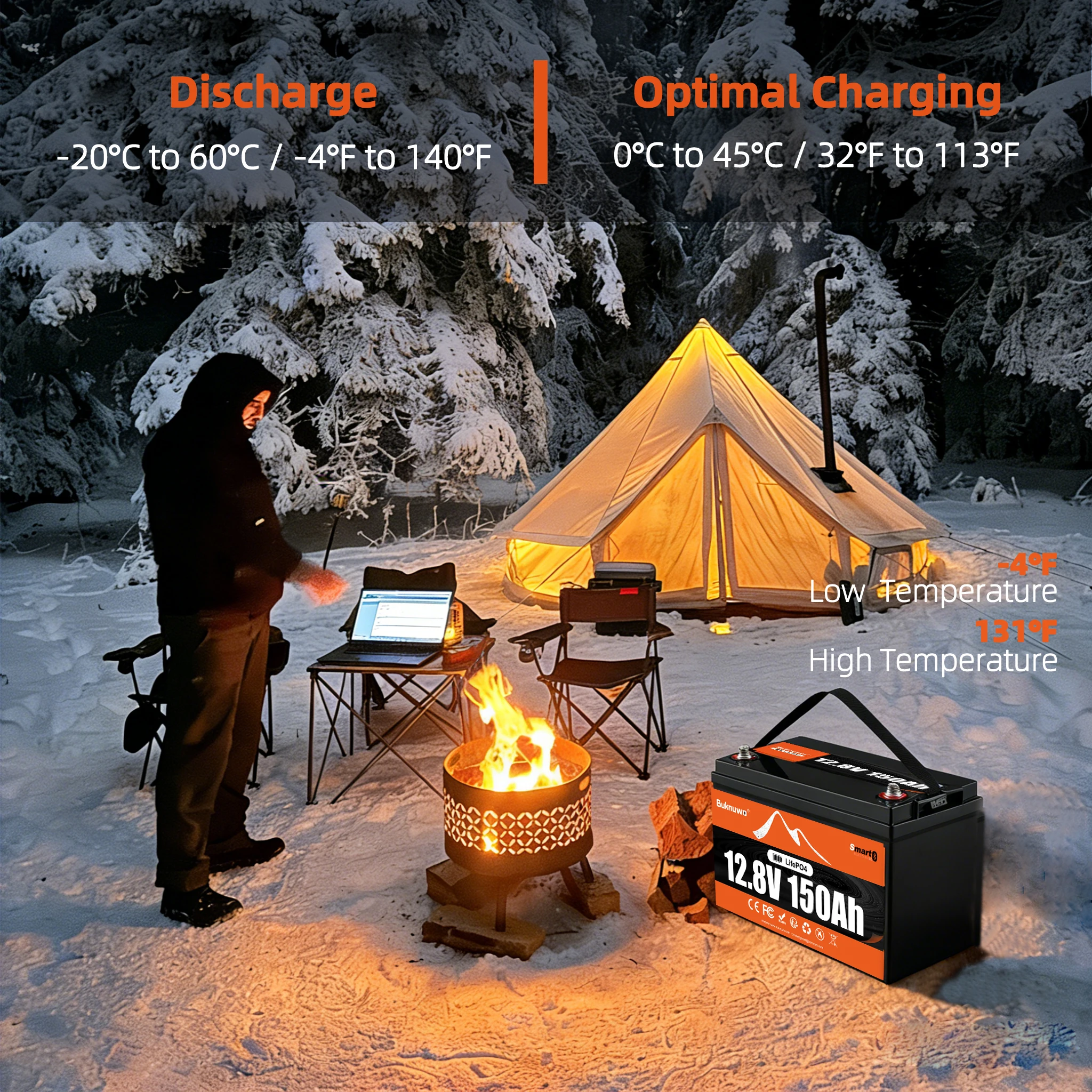 Buknuwo Smart 12V/12.8V 150Ah Bluetooth LiFePO4 Lithium Battery, 1920Wh Power Energy Battery, Built-in 100A BMS Grade A Cells, Low-Temp Protection, Capable Of Over 4, 000 Cycles Support Series/Parallel Battery For Solar, RV, Marine, Off-Grid Application