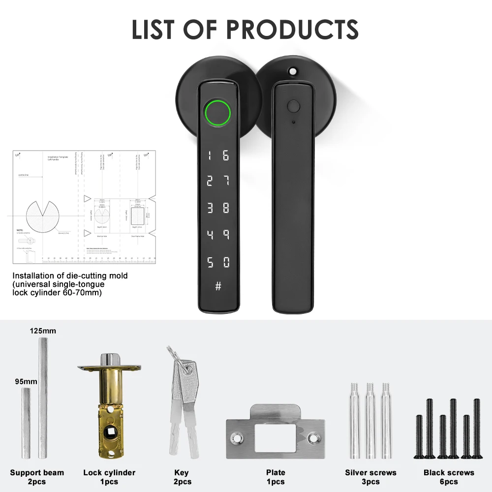 YFK Smart Life Door Lock 4 in 1 Fingerprint Lock Bluetooth Tuya APP Remote Unlock Anti-peep Password Temporary Passcode Quiet Mode Durable Electronic Lock for Home Bedroom Office Hotel Interior Door