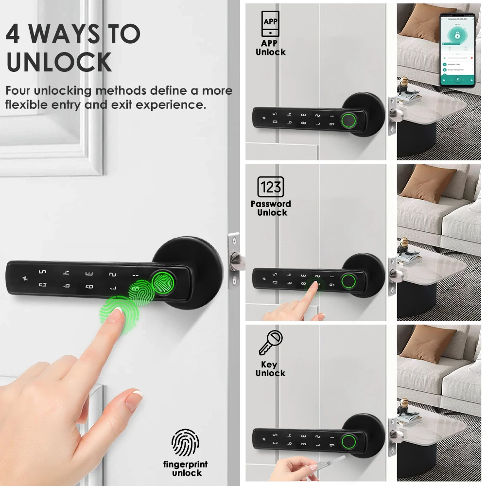 YFK Smart Life Door Lock 4 in 1 Fingerprint Lock Bluetooth Tuya APP Remote Unlock Anti-peep Password Temporary Passcode Quiet Mode Durable Electronic Lock for Home Bedroom Office Hotel Interior Door
