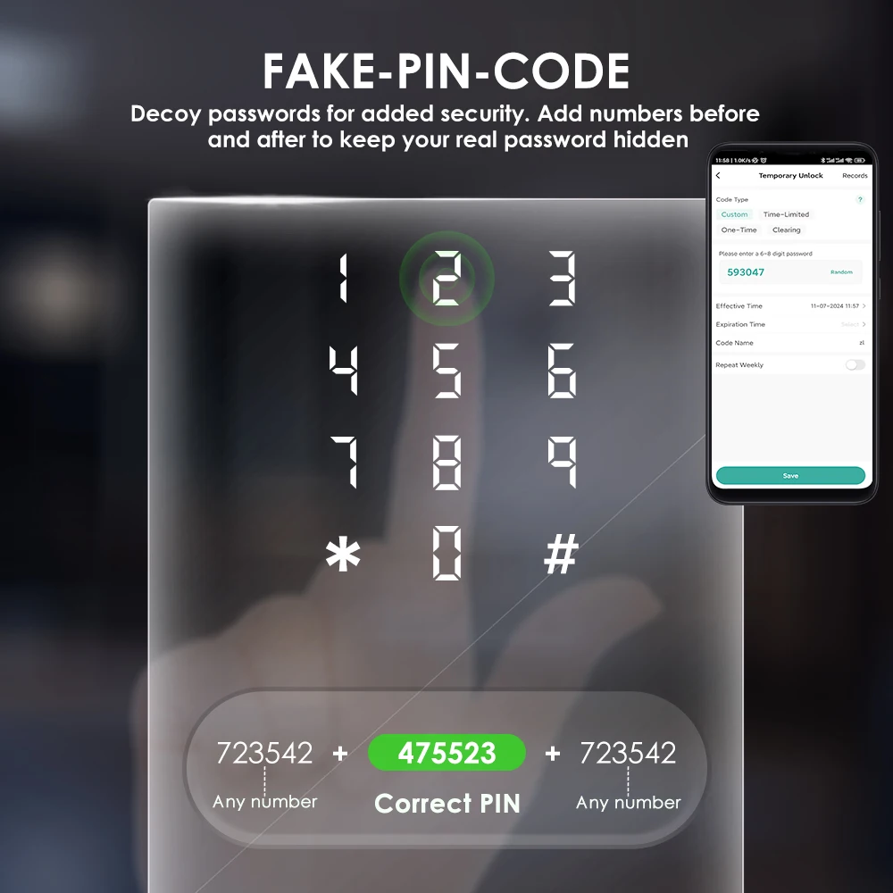 YFK Smart Life Door Lock 4 in 1 Fingerprint Lock Bluetooth Tuya APP Remote Unlock Anti-peep Password Temporary Passcode Quiet Mode Durable Electronic Lock for Home Bedroom Office Hotel Interior Door