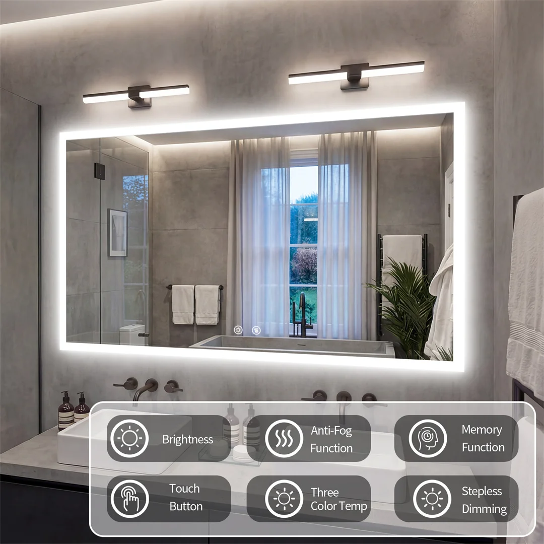 LED Rectangular Wall Mount Smart Bathroom Vanity Mirror Tempered Glass with 3 Color Temperature Options And Defog Feature for Makeup