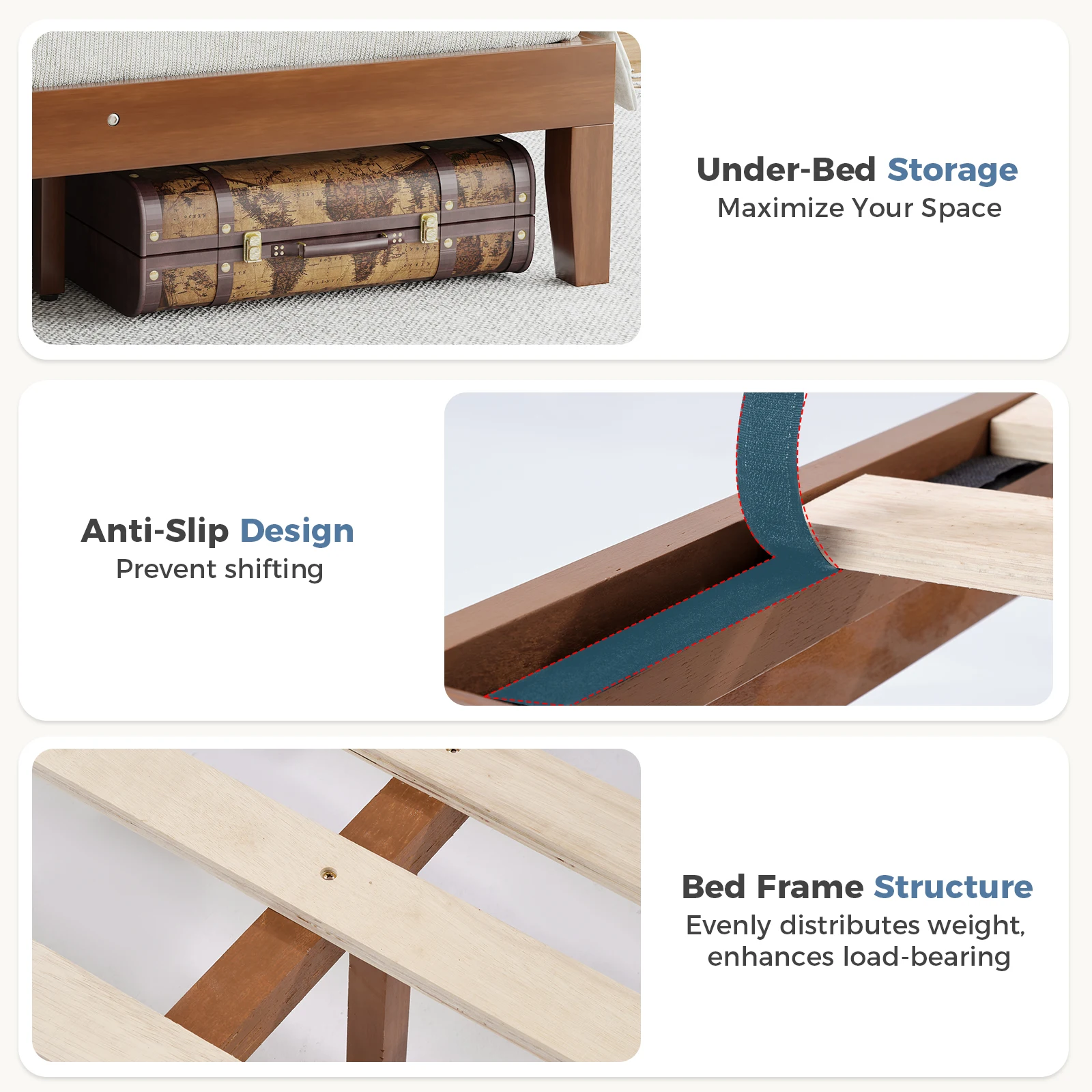 JHK Wood Bed Frame with Headboard Solid Natural Wooden Platform Bed Base Heavy Duty Slat Support Mattress Foundation No Box Spring Needed Low-Profile Design