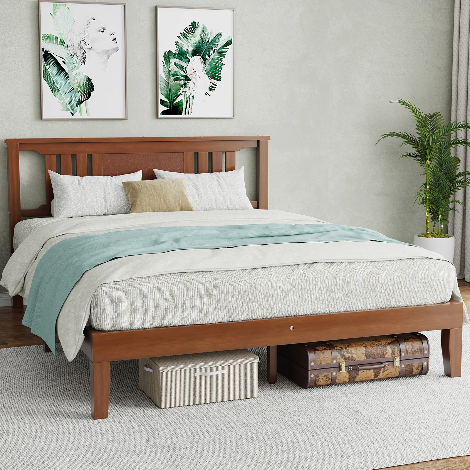 JHK Wood Bed Frame with Headboard Solid Natural Wooden Platform Bed Base Heavy Duty Slat Support Mattress Foundation No Box Spring Needed Low-Profile Design