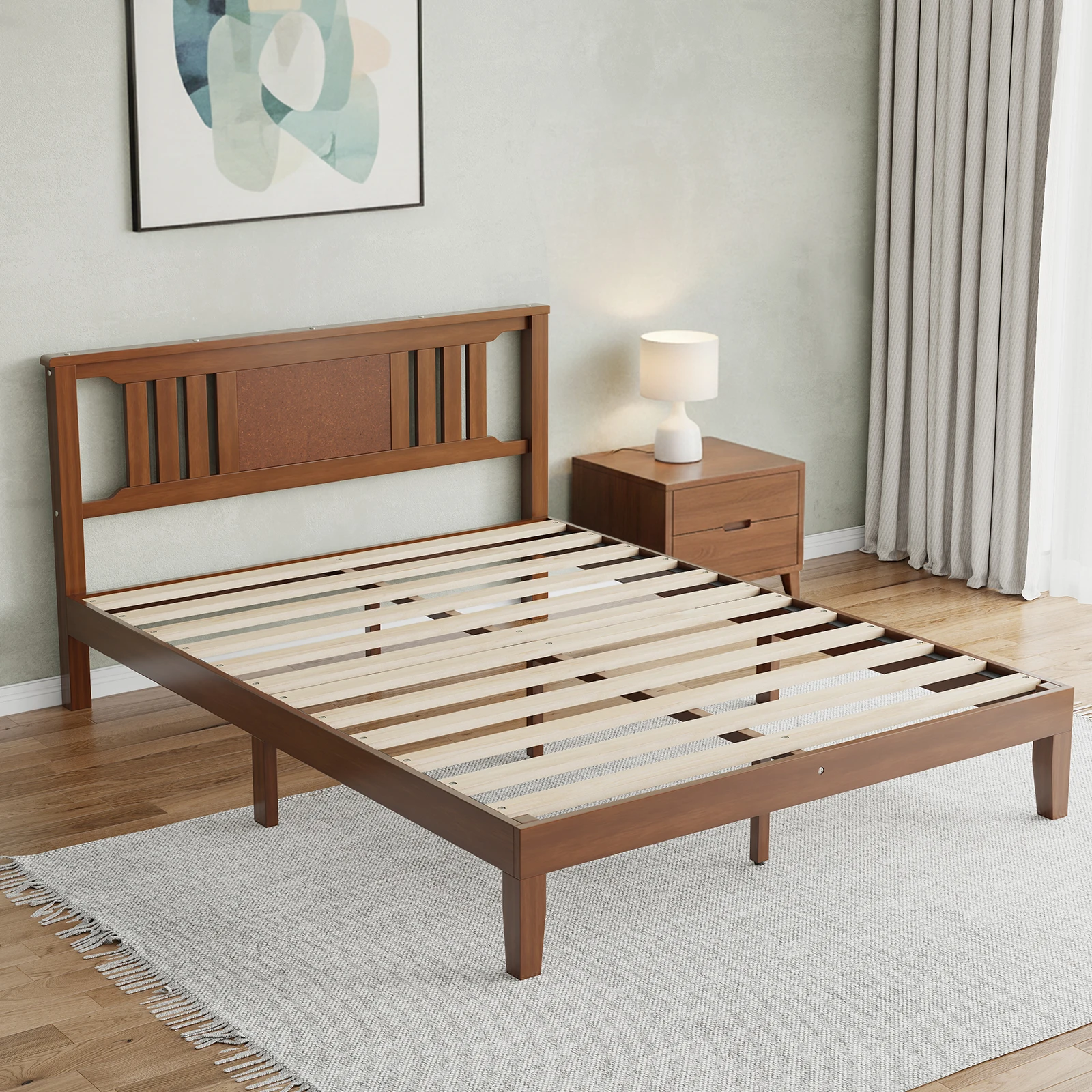 JHK Wood Bed Frame with Headboard Solid Natural Wooden Platform Bed Base Heavy Duty Slat Support Mattress Foundation No Box Spring Needed Low-Profile Design
