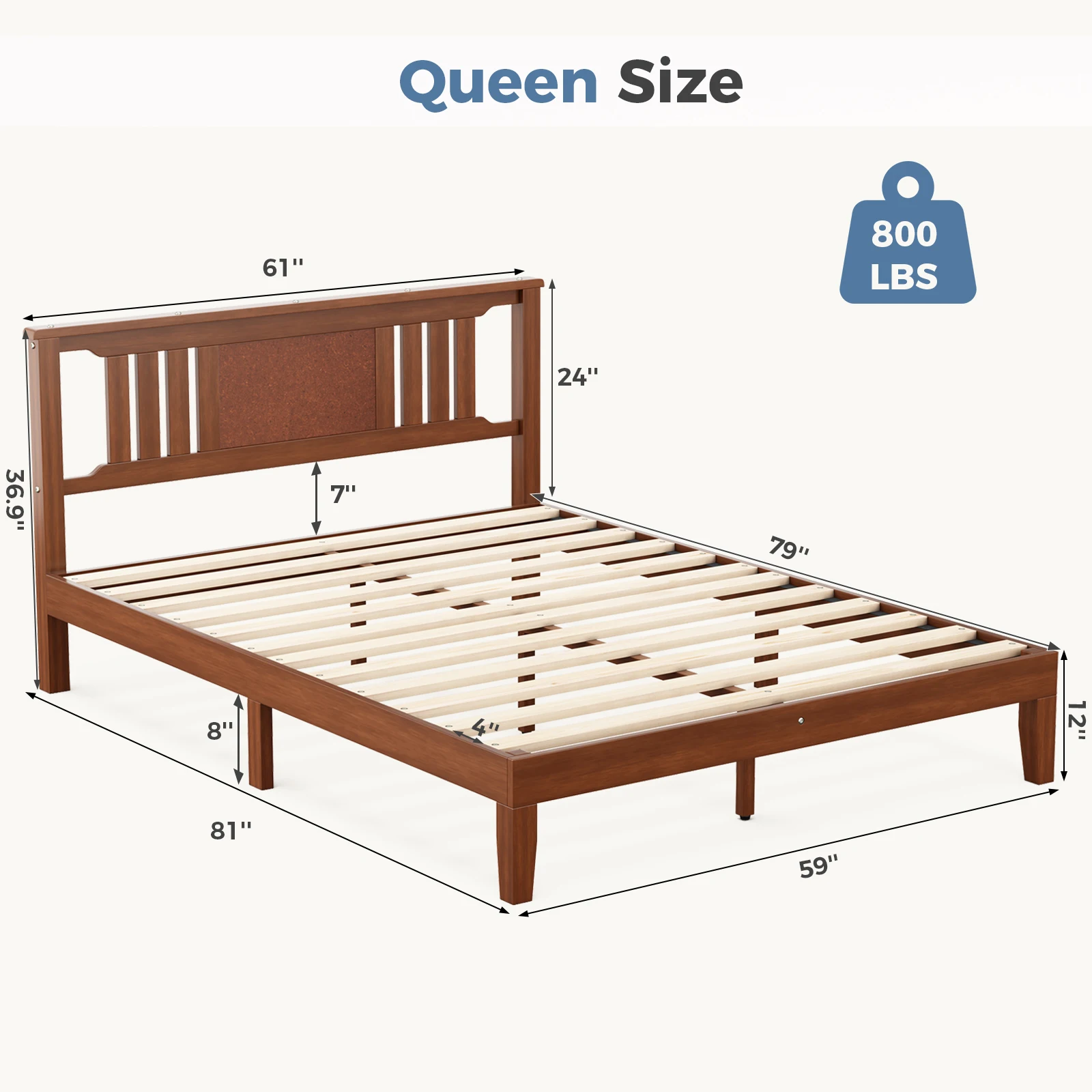 JHK Wood Bed Frame with Headboard Solid Natural Wooden Platform Bed Base Heavy Duty Slat Support Mattress Foundation No Box Spring Needed Low-Profile Design
