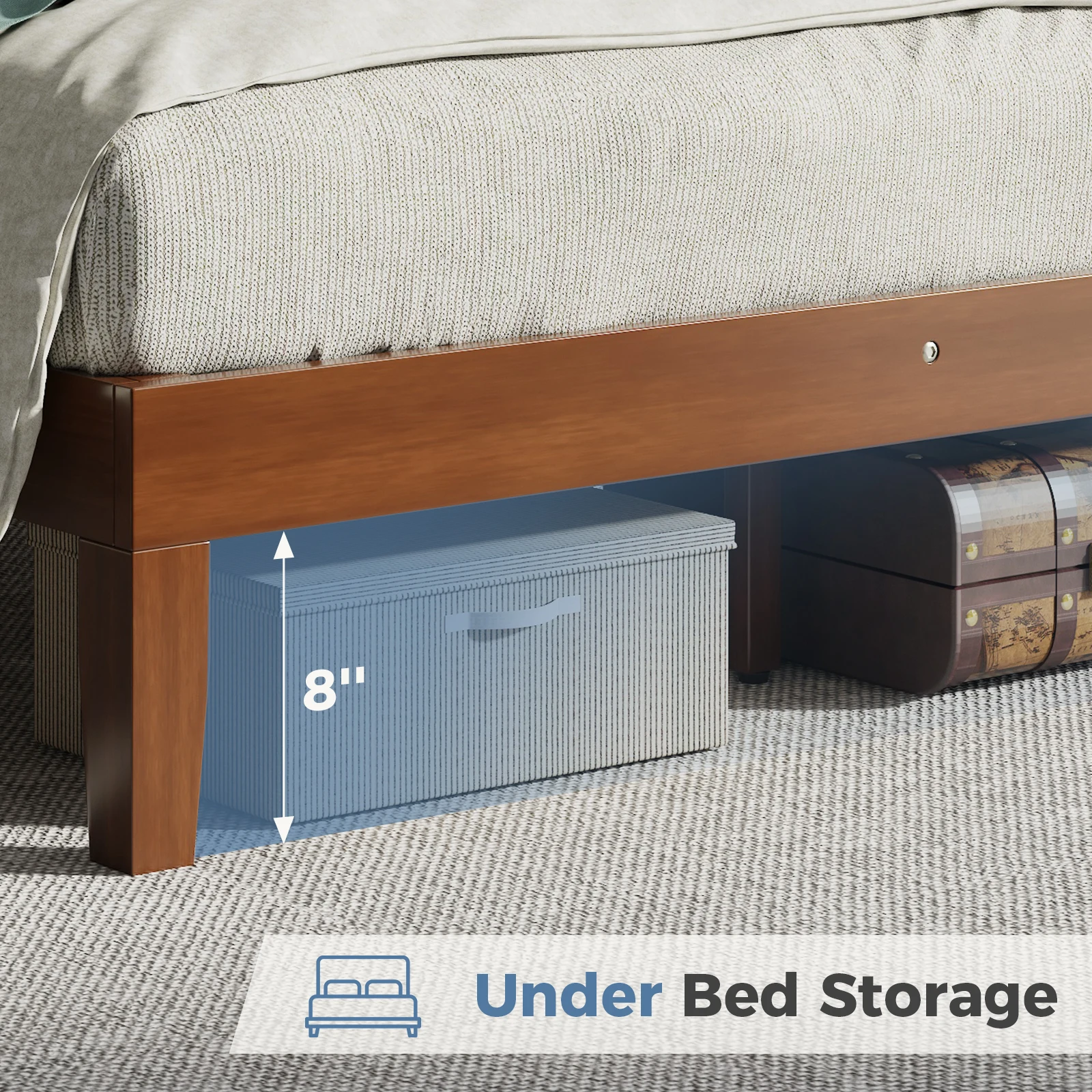 JHK Wood Bed Frame with Headboard Solid Natural Wooden Platform Bed Base Heavy Duty Slat Support Mattress Foundation No Box Spring Needed Low-Profile Design