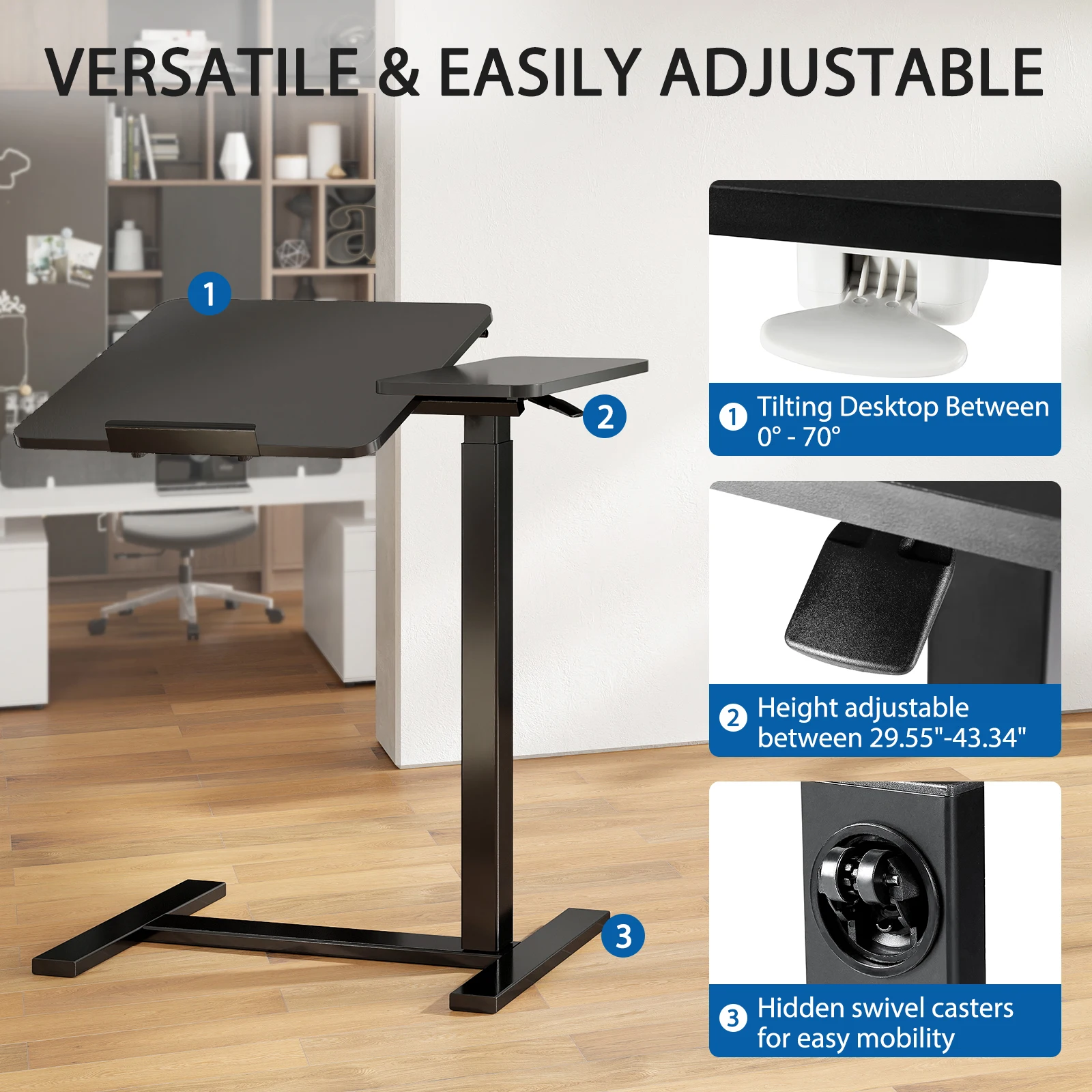 JHK Overbed Bedside Flip Lap Desk with Wheels and Tilt Top Adjustable Height Home Use Bed Table Mobile Standing Desk For Bedroom