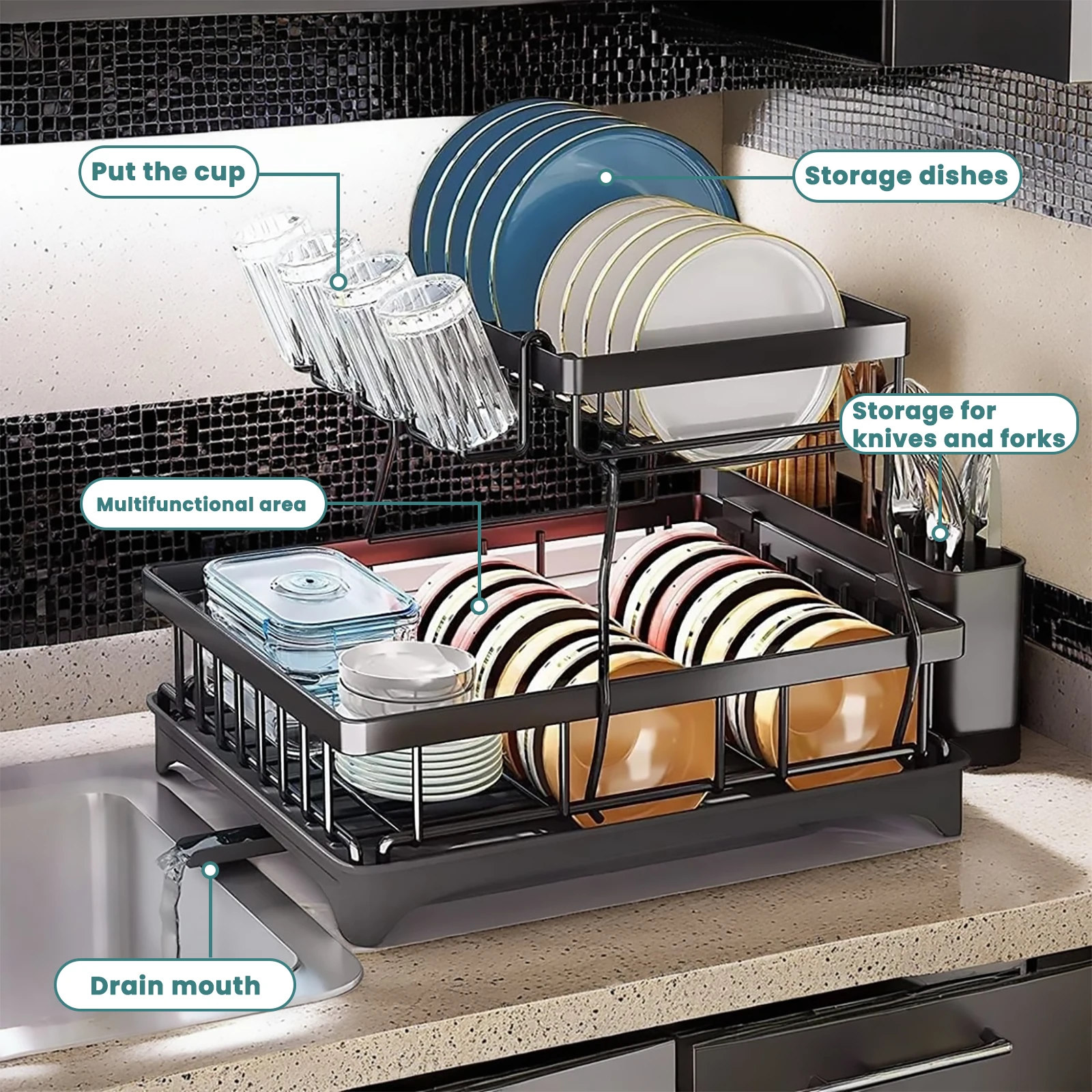 Kitchen Storage Rack, 2 Tier Dish Drainer with Drip Tray and Drainer Mat,with Utensil Holder, Swivel Spout, Draining Board