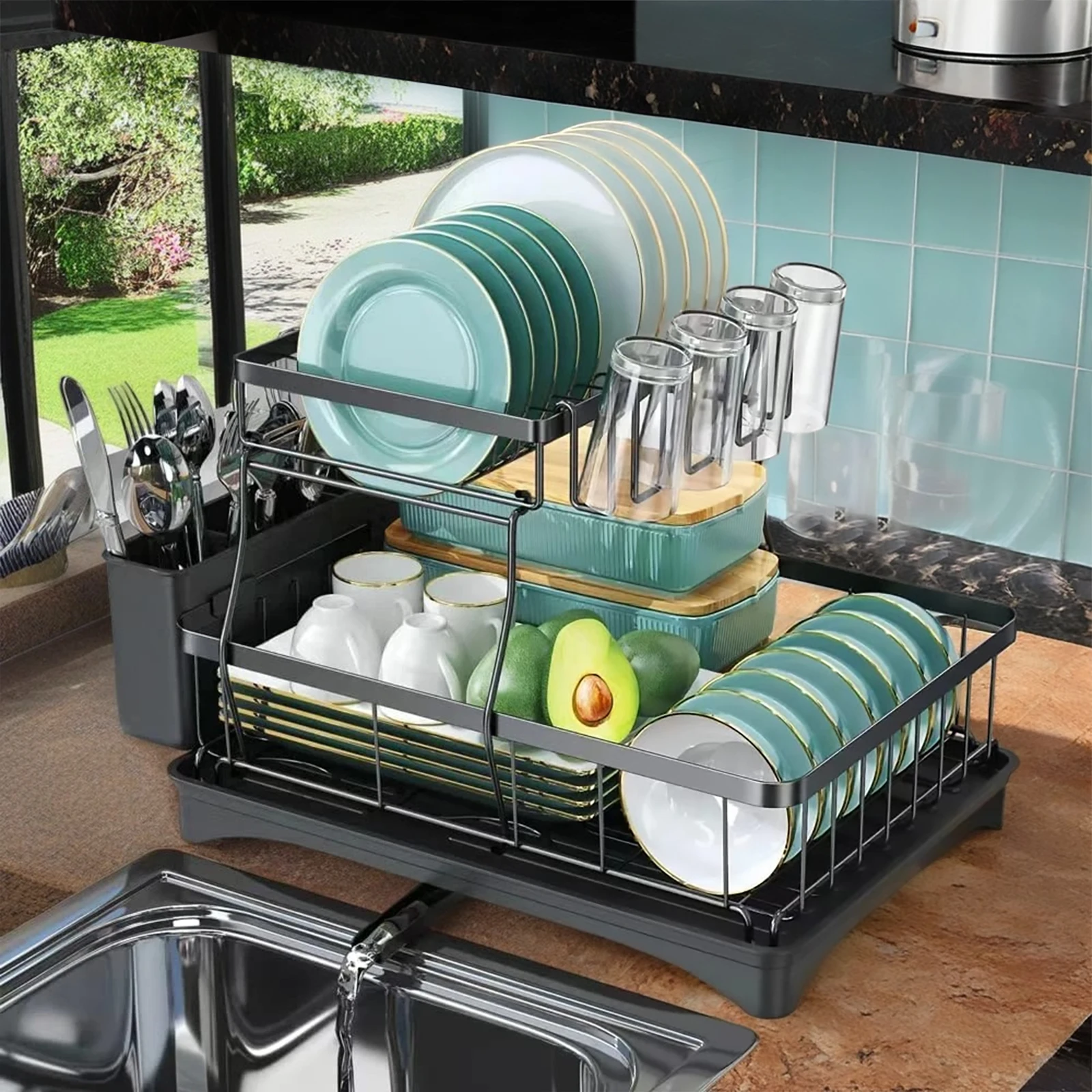 Kitchen Storage Rack, 2 Tier Dish Drainer with Drip Tray and Drainer Mat,with Utensil Holder, Swivel Spout, Draining Board