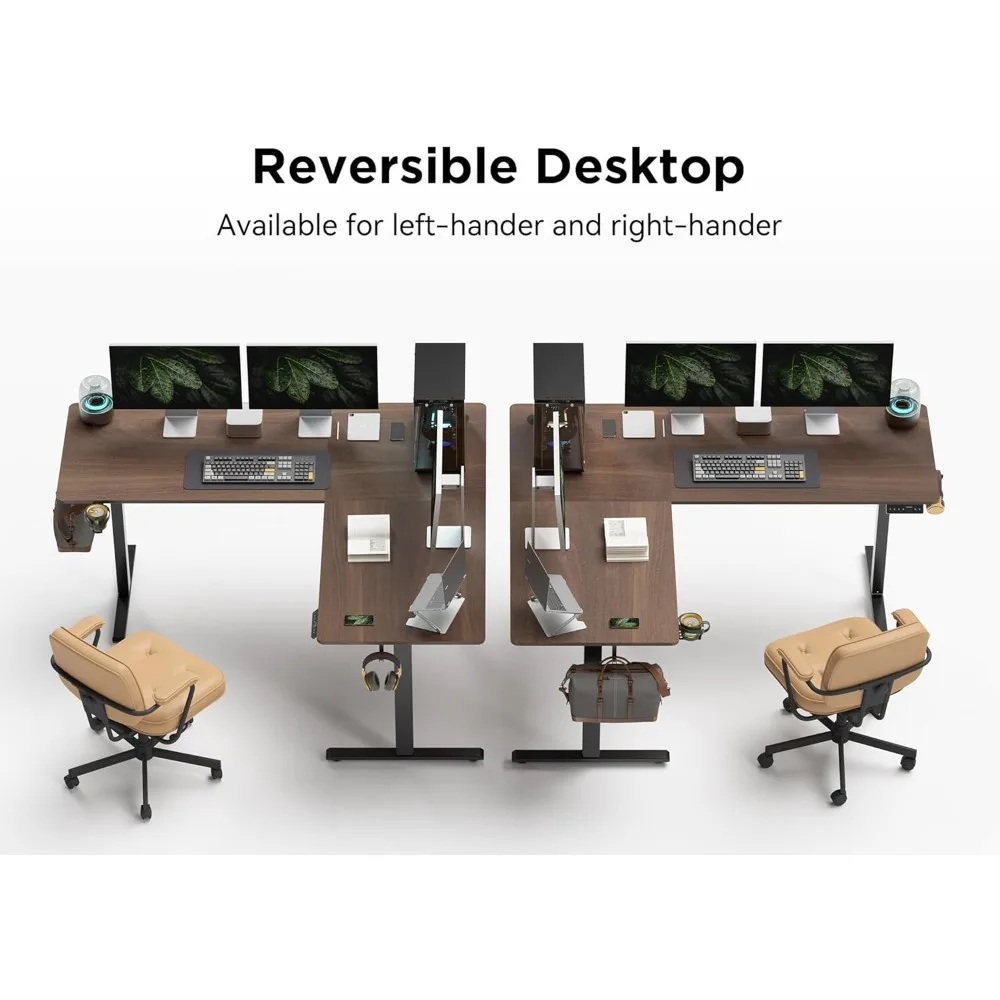 63X55 Inches Reversible L Shaped Standing Desk Height Adjustable with Cup Holder, Electric Corner Computer Desk, Sit Stand up
