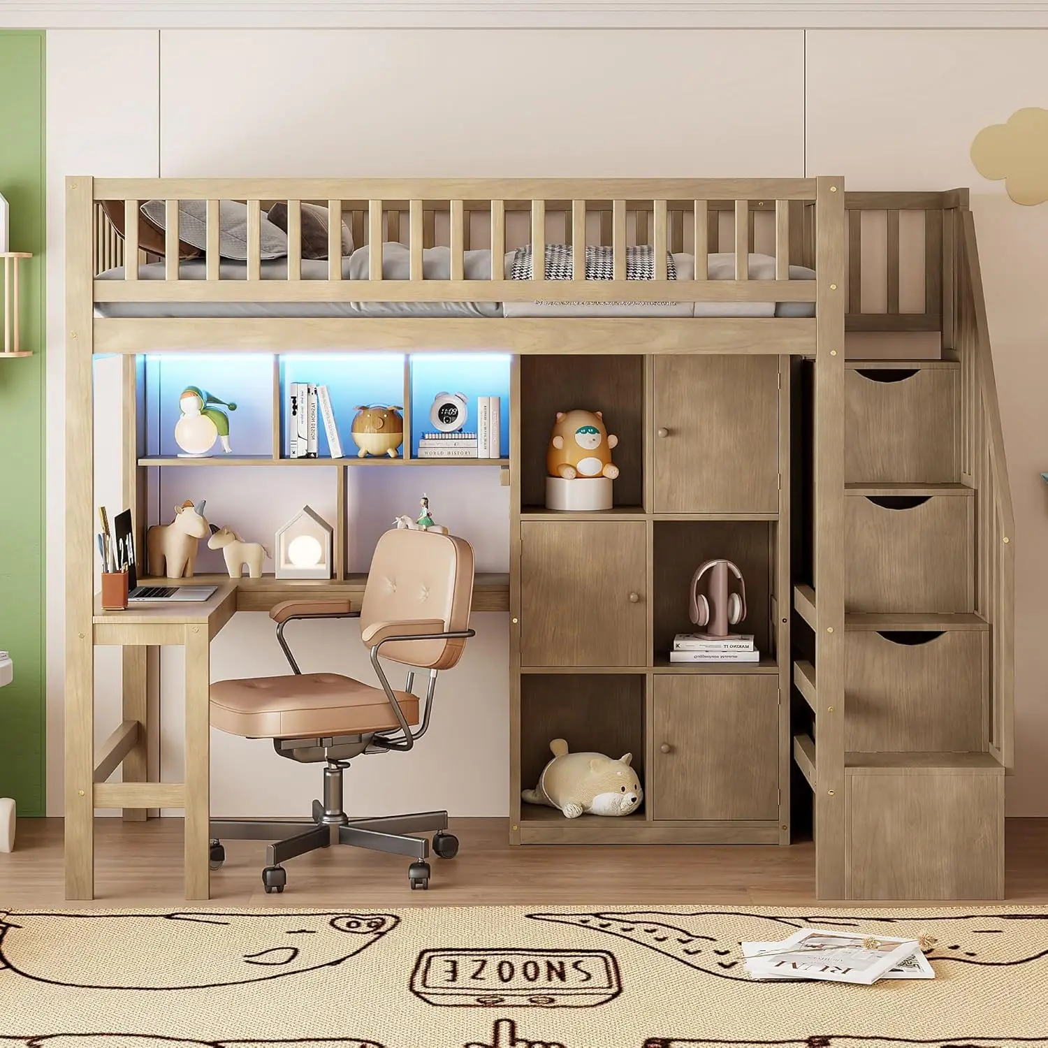 Twin Loft Bed Solid Wood L-Shaped Desk Storage Stairs LED Lights Shelves Cabinets Bookshelves Teens Adults Walnut, Customized
