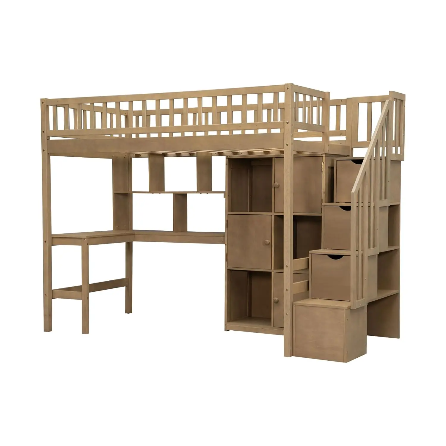 Twin Loft Bed Solid Wood L-Shaped Desk Storage Stairs LED Lights Shelves Cabinets Bookshelves Teens Adults Walnut, Customized