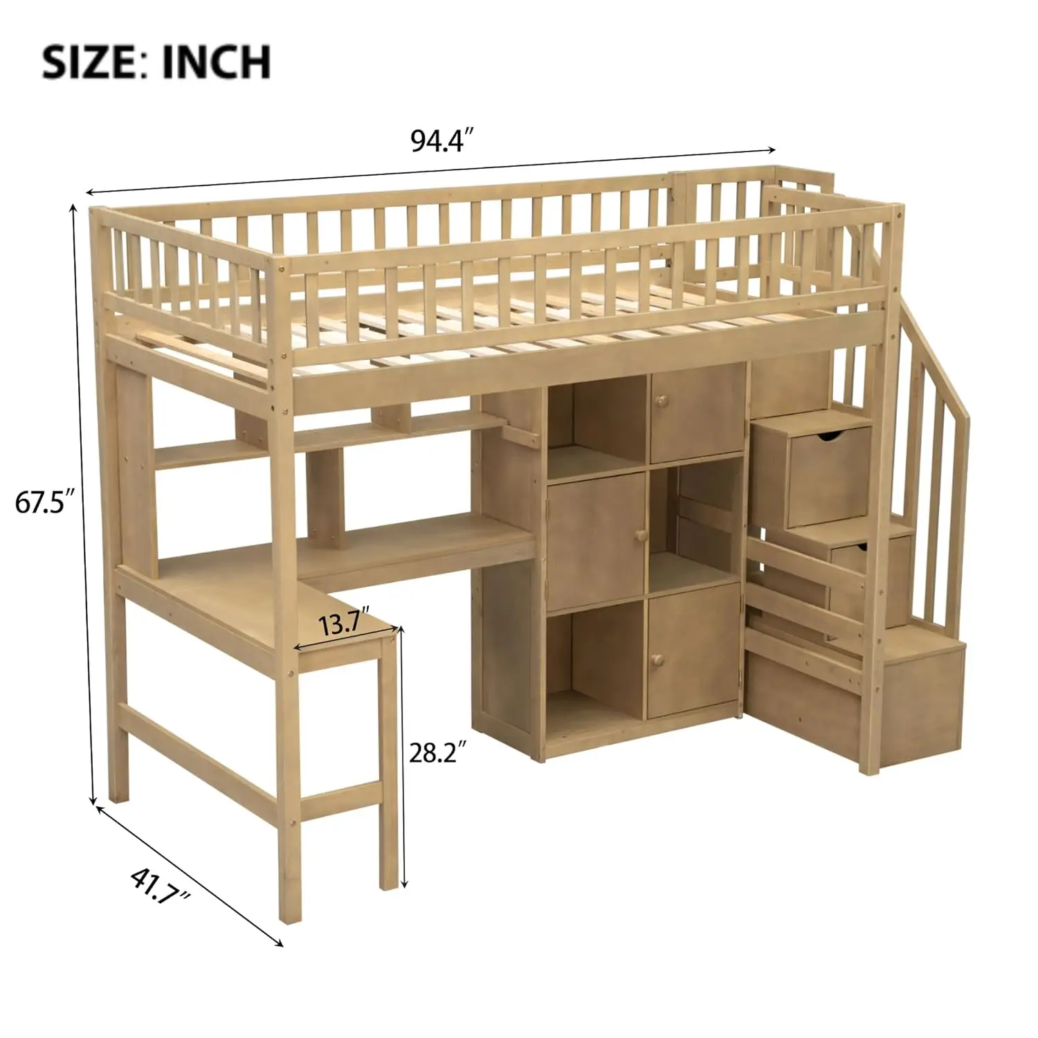Twin Loft Bed Solid Wood L-Shaped Desk Storage Stairs LED Lights Shelves Cabinets Bookshelves Teens Adults Walnut, Customized