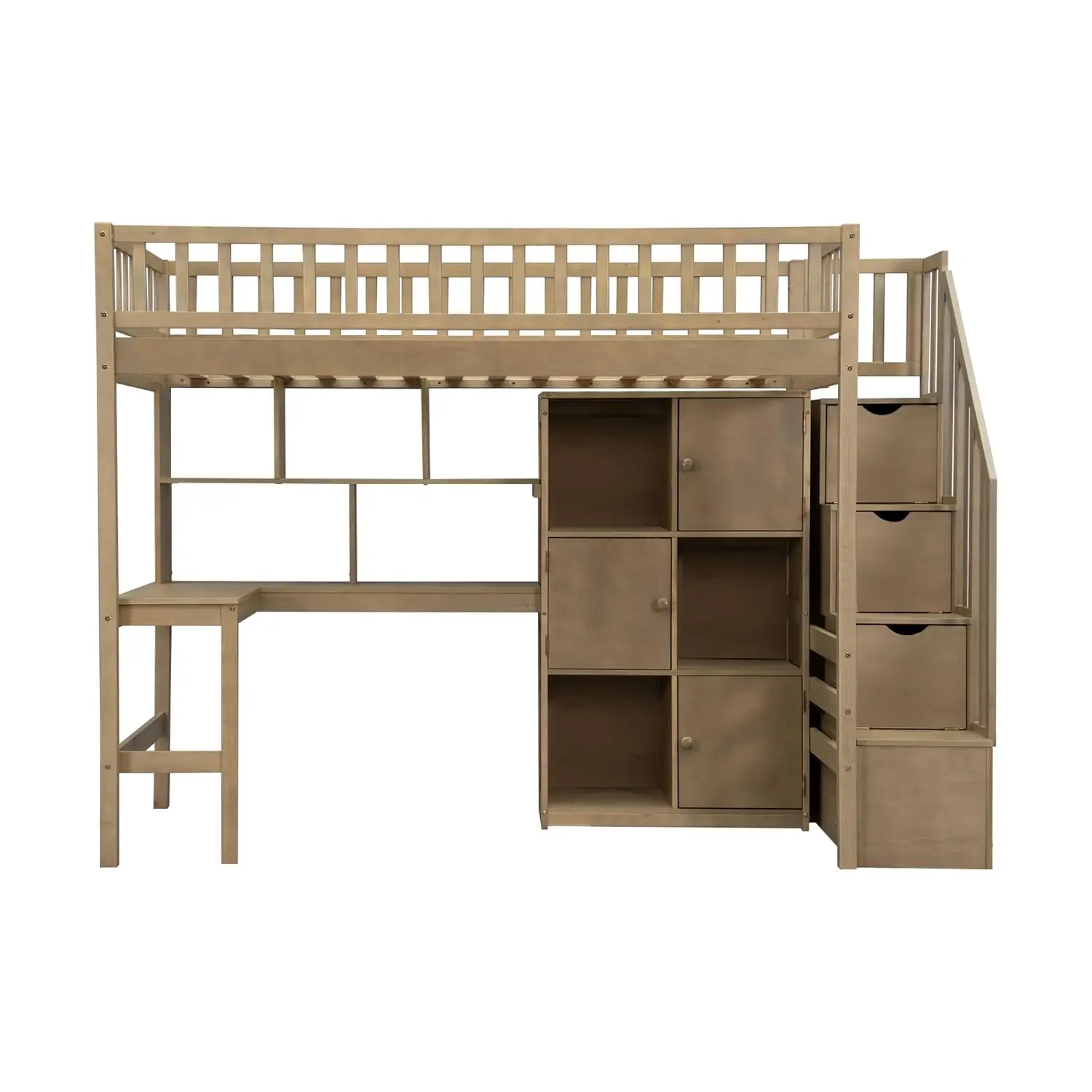Twin Loft Bed Solid Wood L-Shaped Desk Storage Stairs LED Lights Shelves Cabinets Bookshelves Teens Adults Walnut, Customized