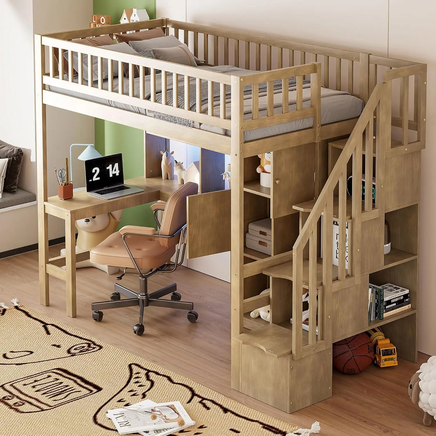 Twin Loft Bed Solid Wood L-Shaped Desk Storage Stairs LED Lights Shelves Cabinets Bookshelves Teens Adults Walnut, Customized
