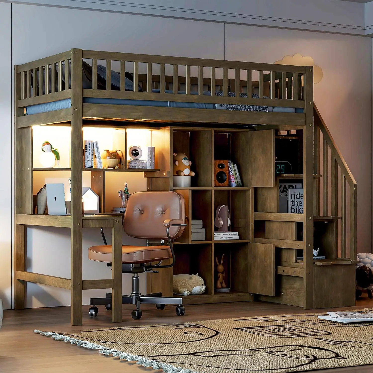 Twin Loft Bed Solid Wood L-Shaped Desk Storage Stairs LED Lights Shelves Cabinets Bookshelves Teens Adults Walnut, Customized