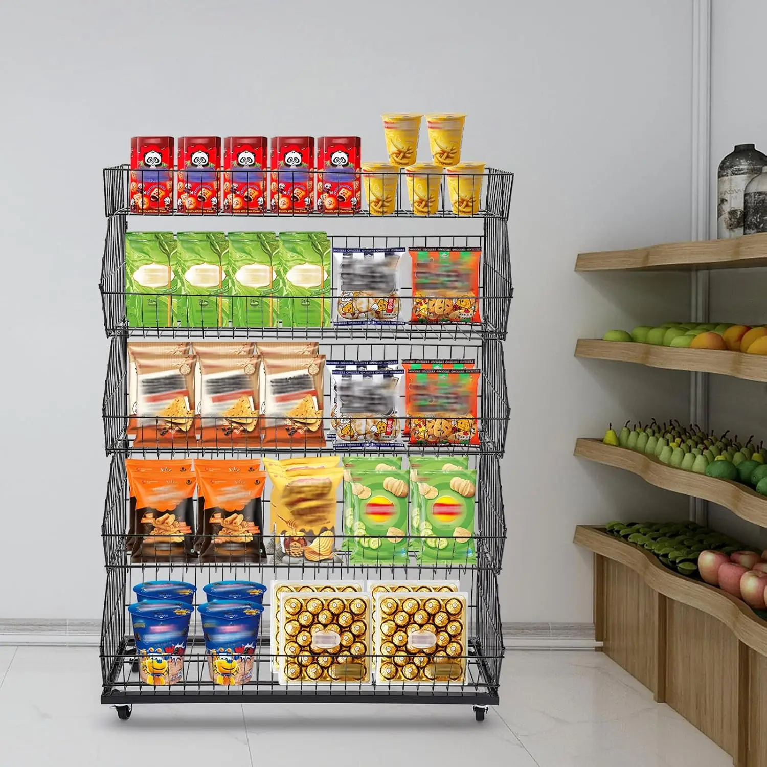 5 Tier Large Wire Metal Mobile Supermarket Storage Shelf,Fruit Vegetable Snack Supply Basket for Home Store Market
