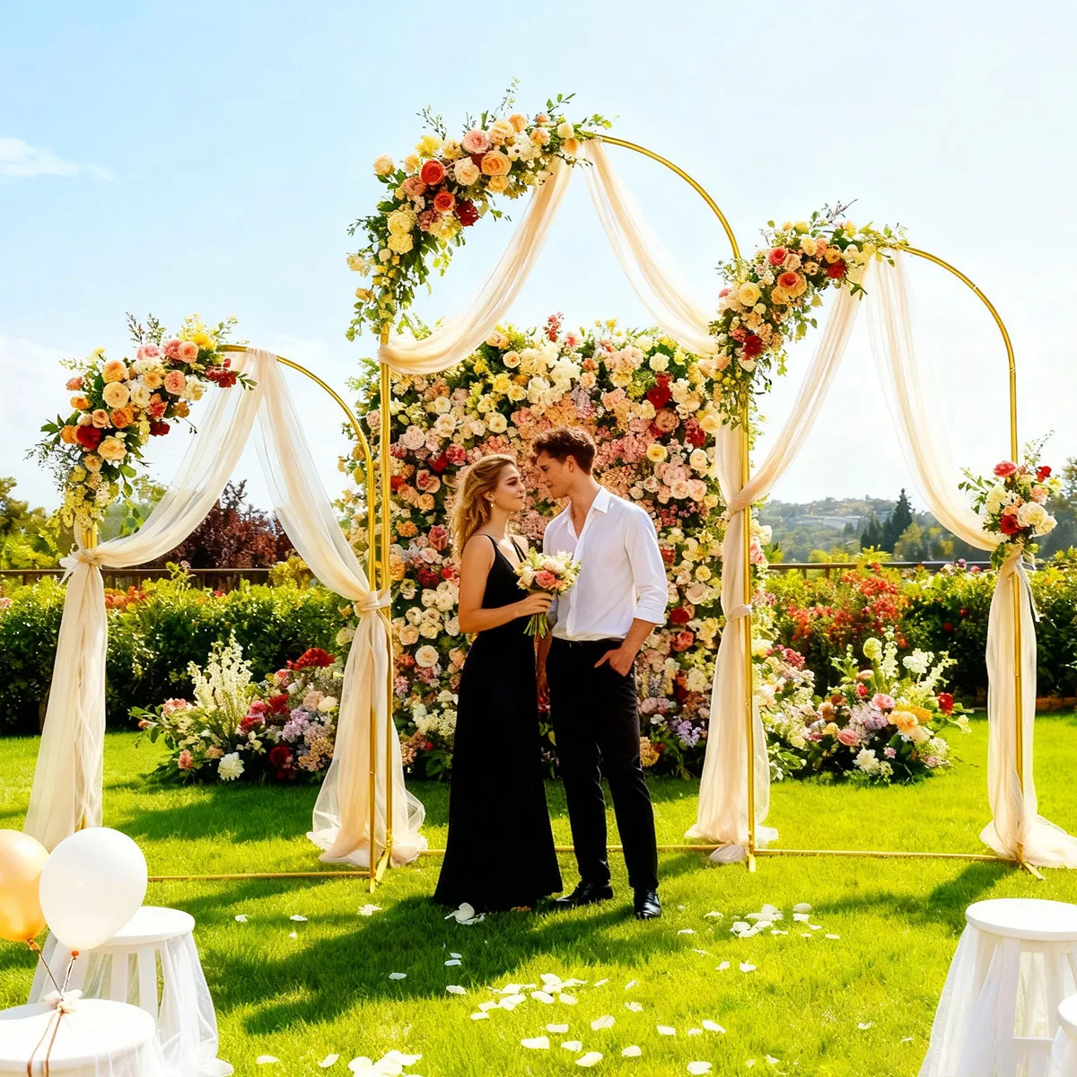 3Pack Golden Metal Arch Kits, Adjustable & Portable Backdrop Stand for Party Wedding Garden Balloon Decor(6FT+6.6FT+7.2FT)