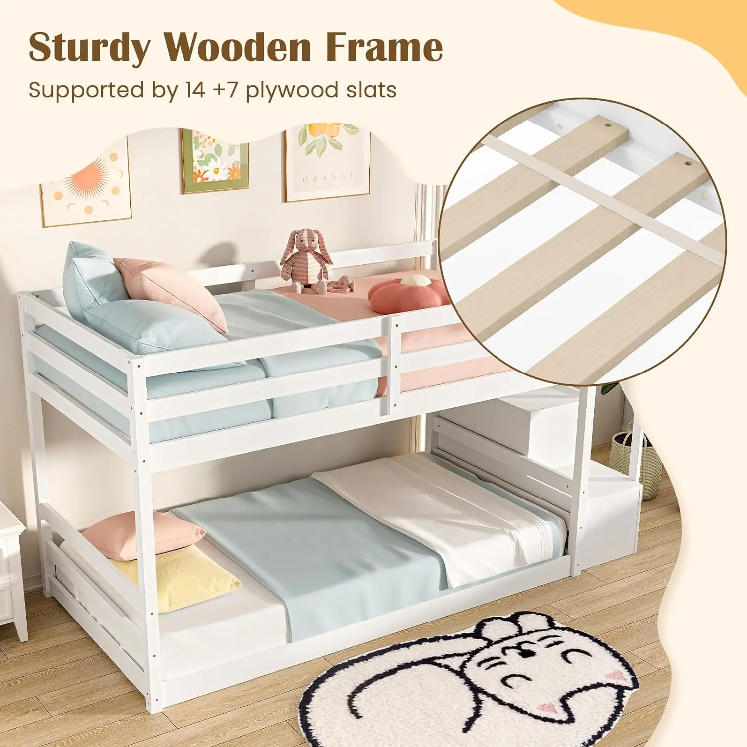 Twin Over Twin Solid Wood Bunk Bed with Storage Stairs Guardrails for Kids Teens Dorm Space Customized