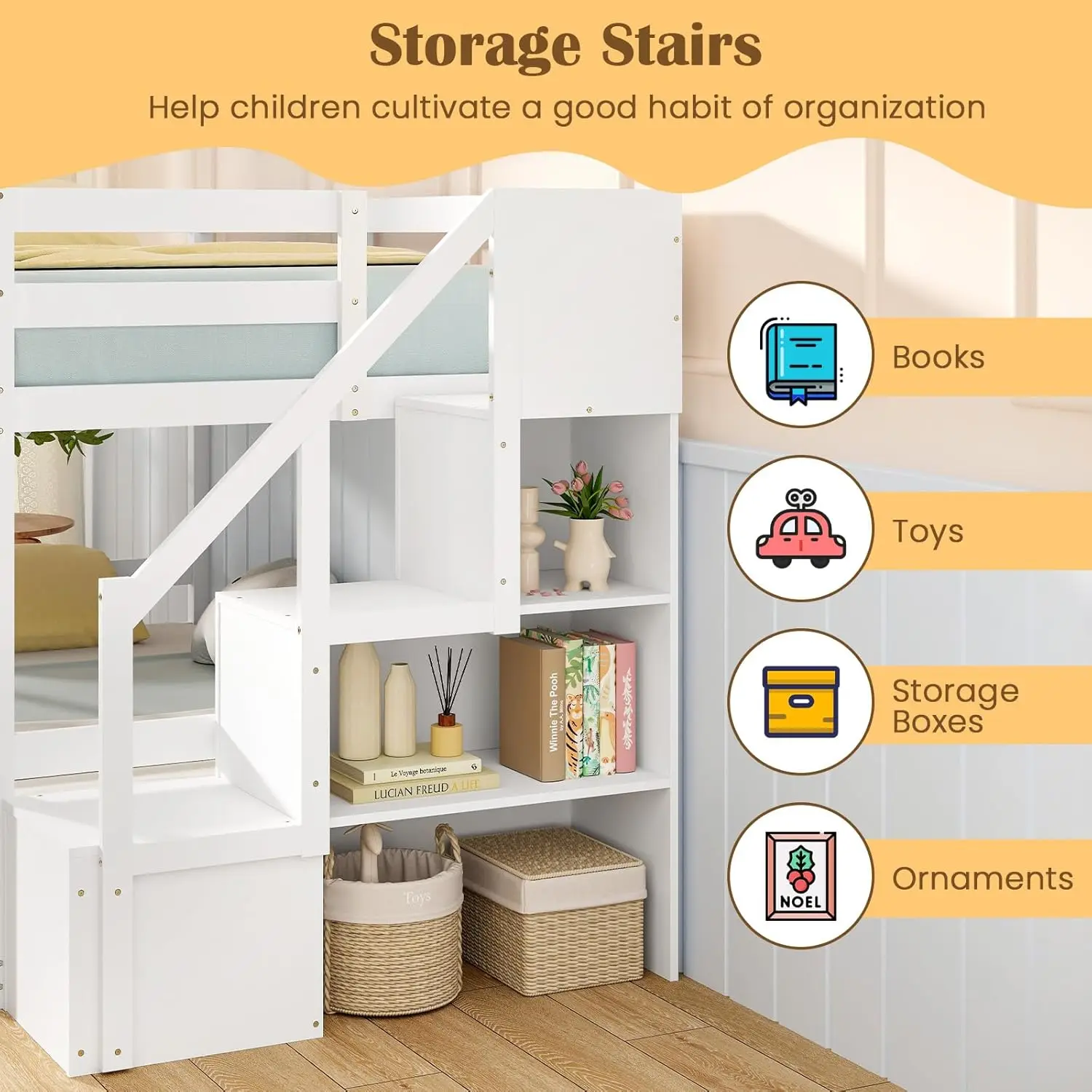 Twin Over Twin Solid Wood Bunk Bed with Storage Stairs Guardrails for Kids Teens Dorm Space Customized