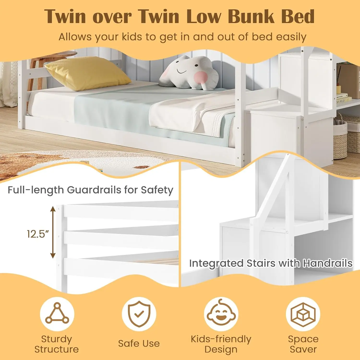 Twin Over Twin Solid Wood Bunk Bed with Storage Stairs Guardrails for Kids Teens Dorm Space Customized