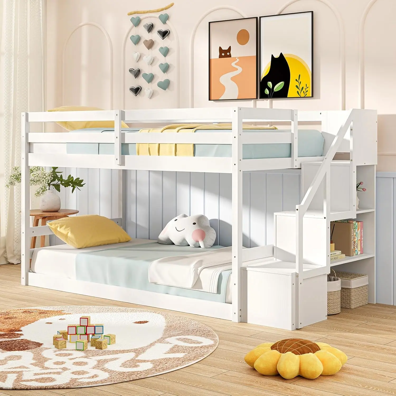 Twin Over Twin Solid Wood Bunk Bed with Storage Stairs Guardrails for Kids Teens Dorm Space Customized