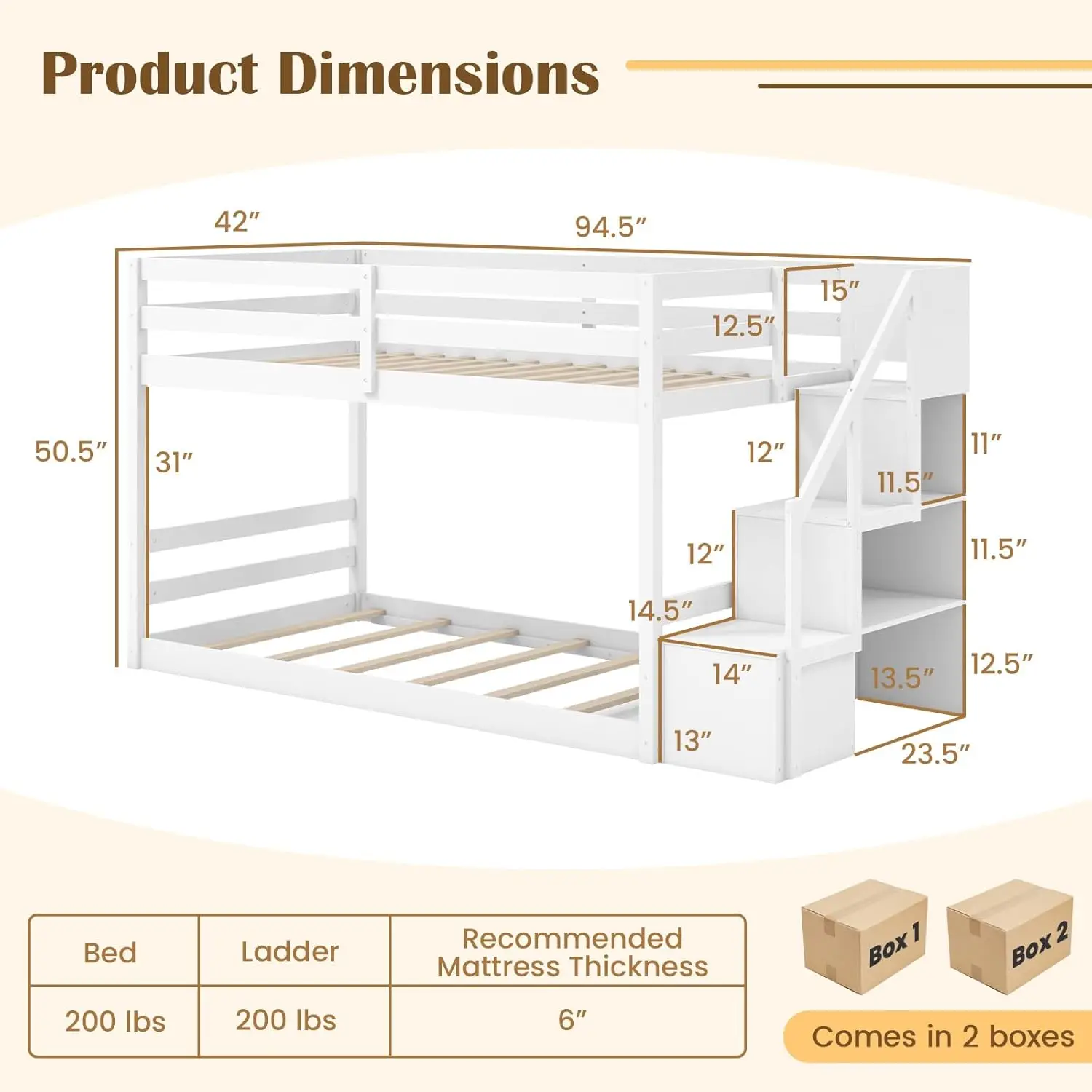 Twin Over Twin Solid Wood Bunk Bed with Storage Stairs Guardrails for Kids Teens Dorm Space Customized