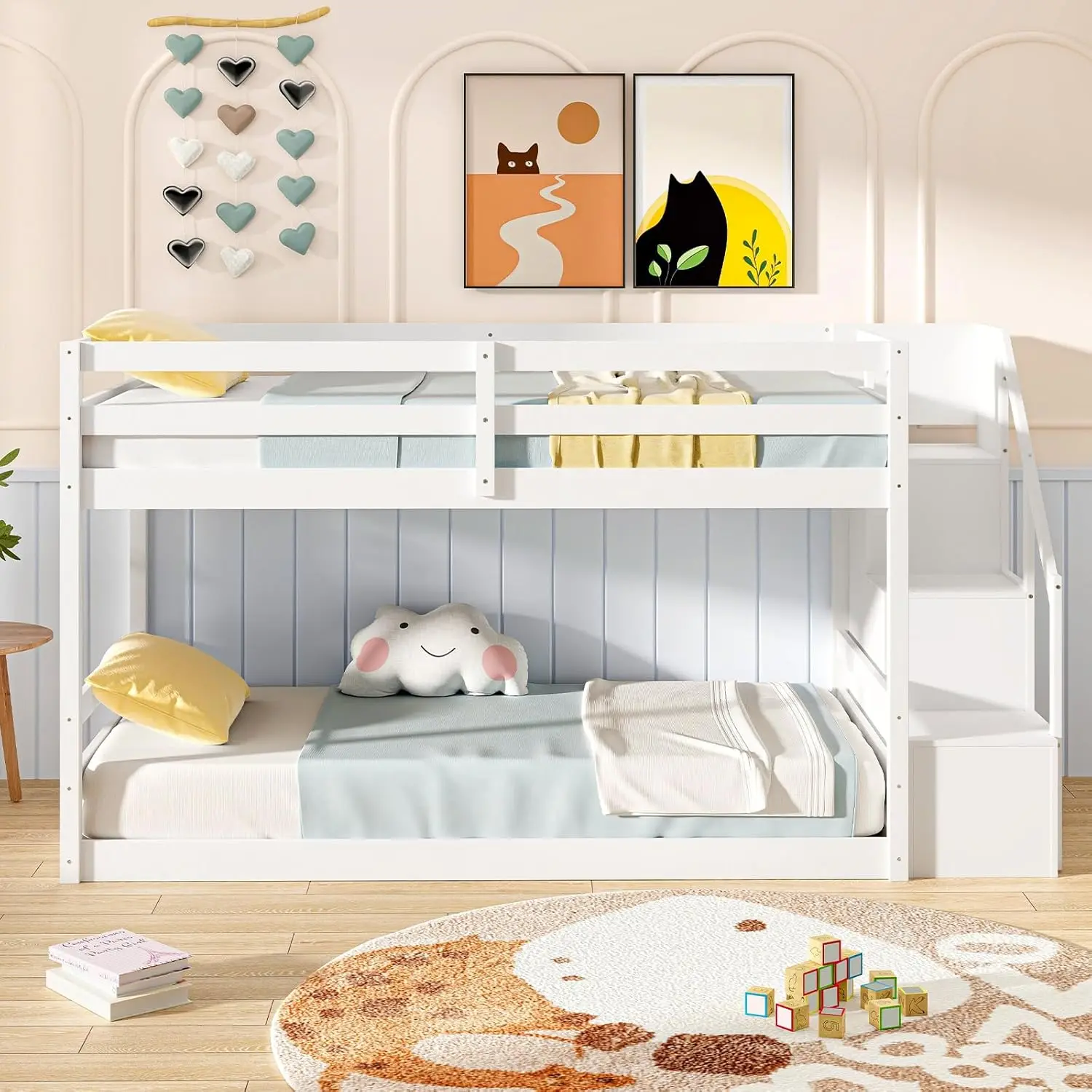 Twin Over Twin Solid Wood Bunk Bed with Storage Stairs Guardrails for Kids Teens Dorm Space Customized