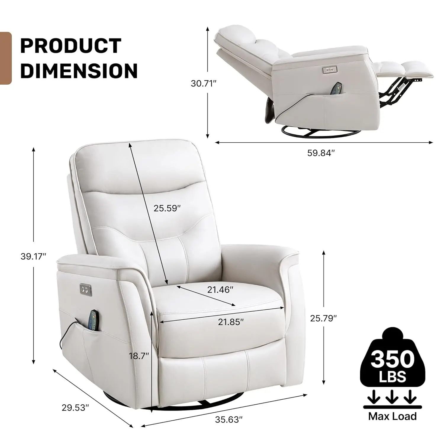 Power Massage Heat Swivel Rocker Recliner Chair w/USB, Nursery Living Room Oversized, Customized