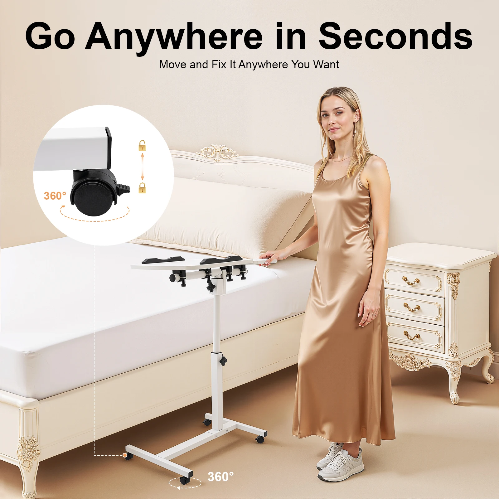 Laptop Desk Stand 360° Adjustable Tilting Overbed Table Computer Table C Shape Notebook Stand with 4 Lockable Wheels for Bed Sofa Office