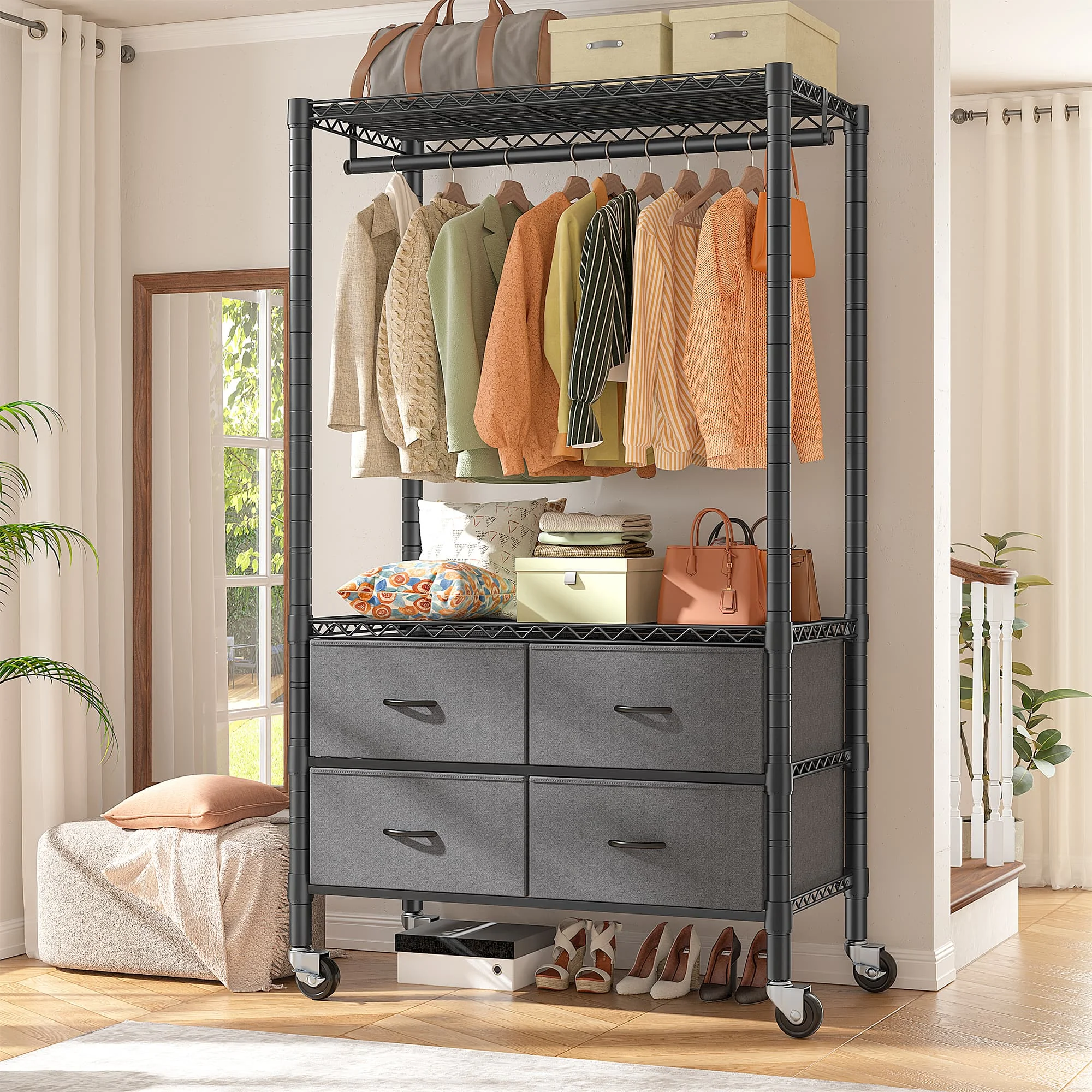 EnHomee Heavy Duty Portable Garment Rack – 4 Drawers & Shelves, Sturdy & Durable – Clothing Hanger for Hanging Clothes
