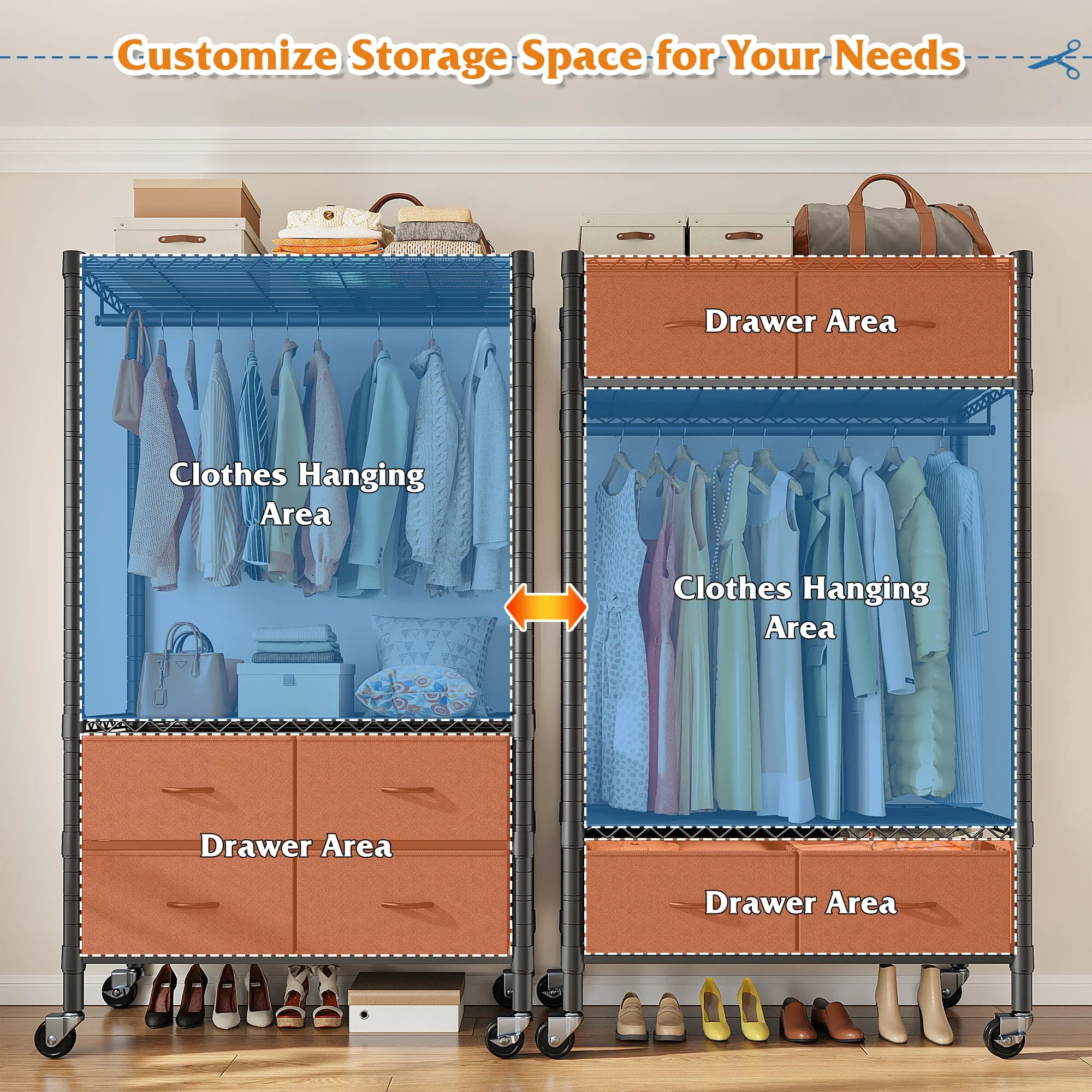 EnHomee Heavy Duty Portable Garment Rack – 4 Drawers & Shelves, Sturdy & Durable – Clothing Hanger for Hanging Clothes