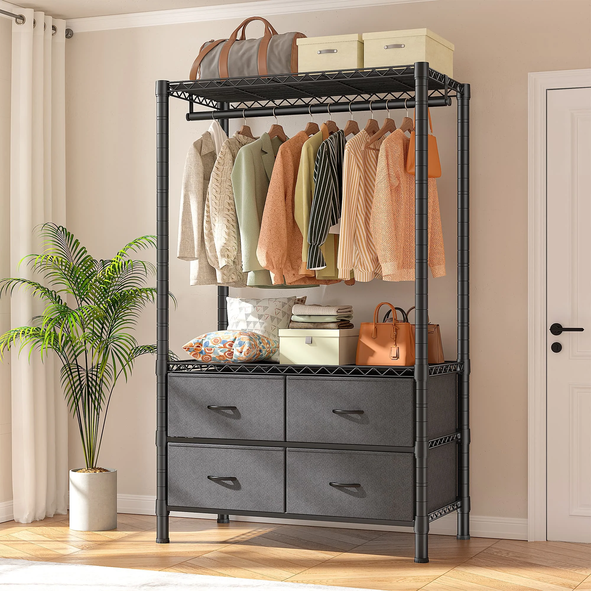 EnHomee Heavy Duty Portable Garment Rack – 4 Drawers & Shelves, Sturdy & Durable – Clothing Hanger for Hanging Clothes