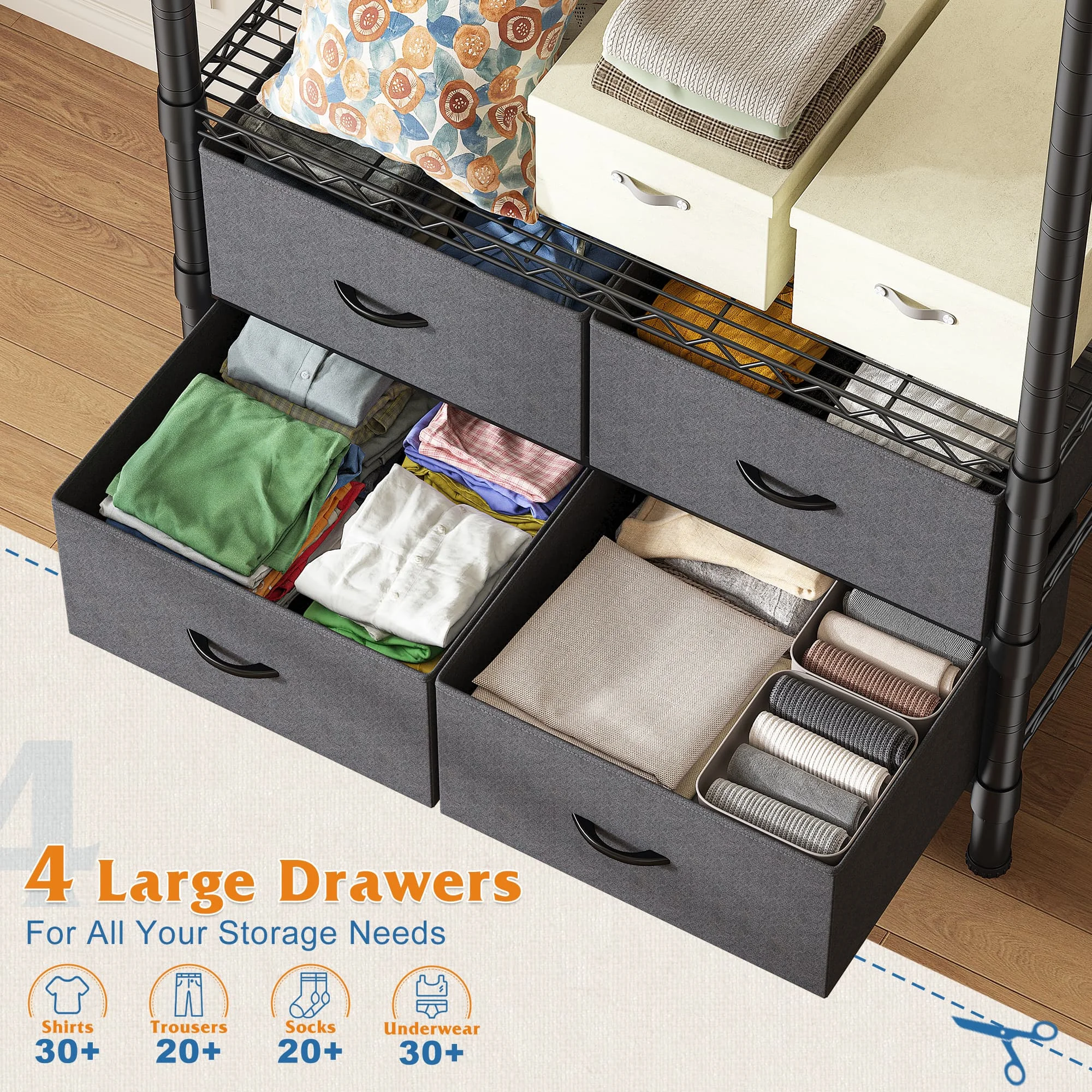 EnHomee Heavy Duty Portable Garment Rack – 4 Drawers & Shelves, Sturdy & Durable – Clothing Hanger for Hanging Clothes