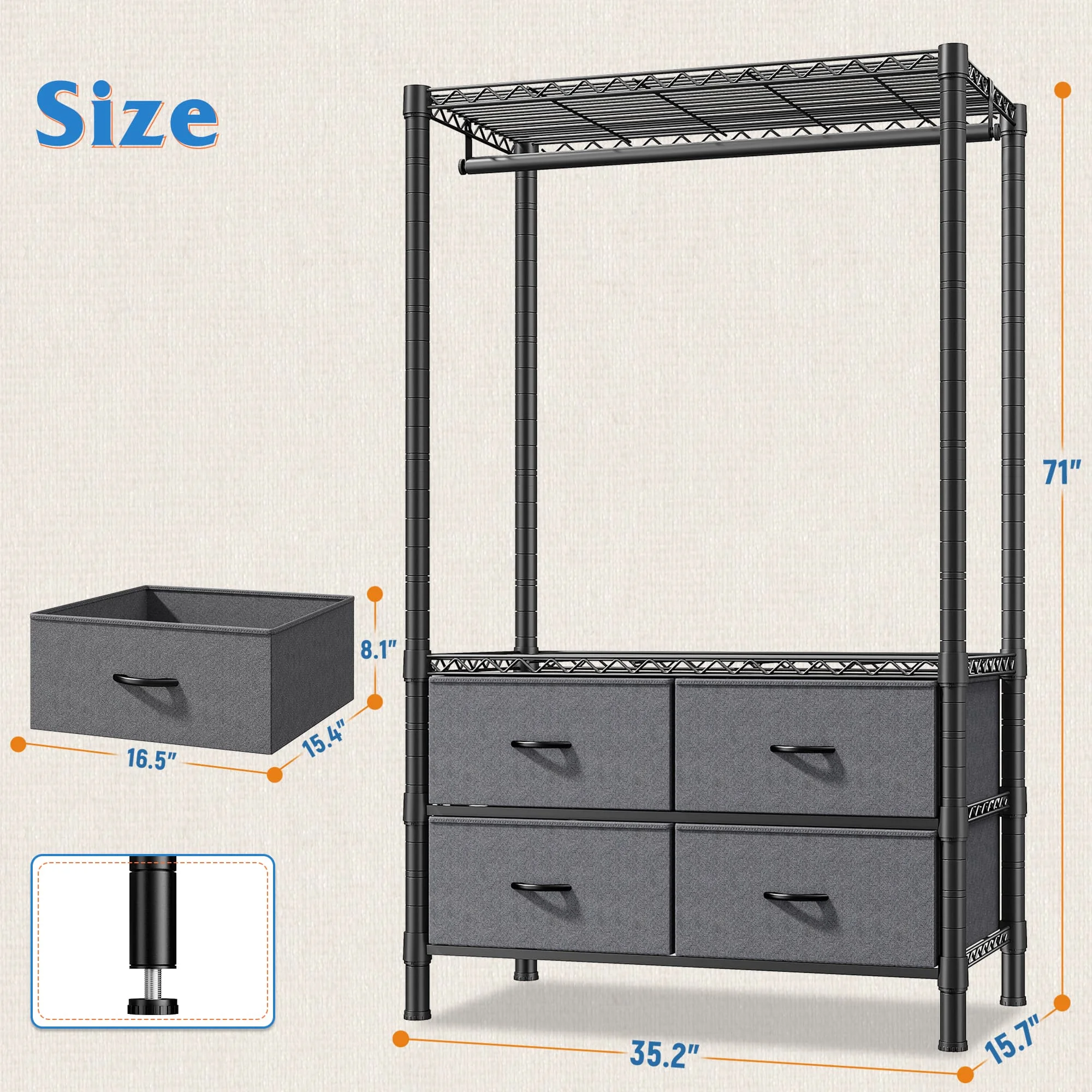 EnHomee Heavy Duty Portable Garment Rack – 4 Drawers & Shelves, Sturdy & Durable – Clothing Hanger for Hanging Clothes