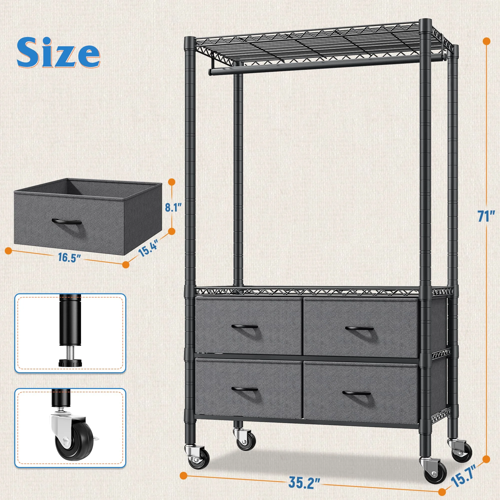 EnHomee Heavy Duty Portable Garment Rack – 4 Drawers & Shelves, Sturdy & Durable – Clothing Hanger for Hanging Clothes