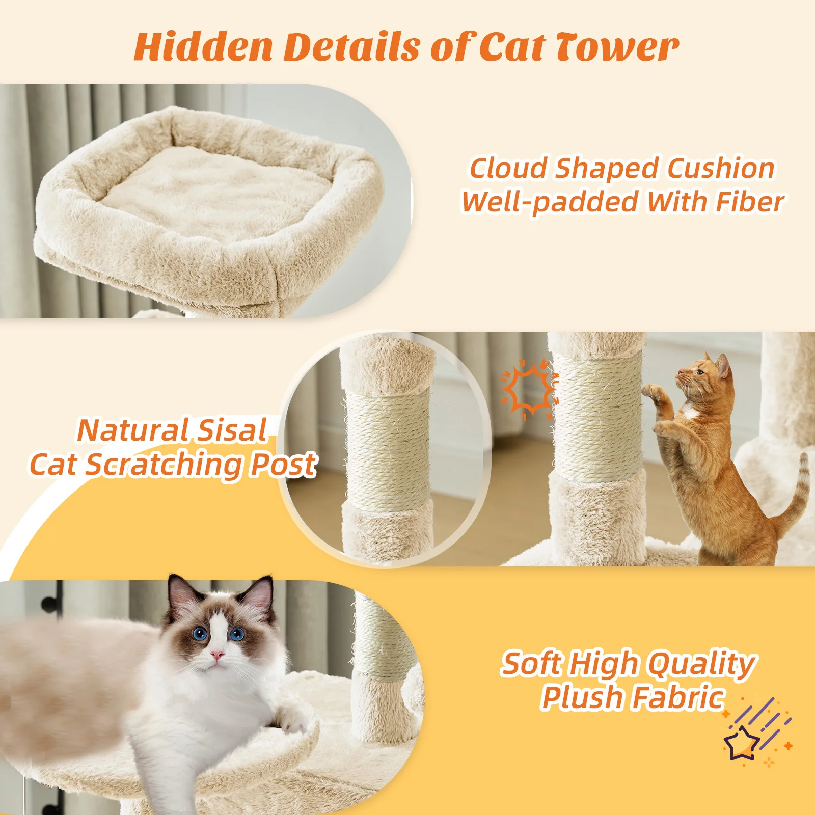 MCQ 44IN Cat Tree Tower Cat Climbing Tower with Natural Sisal Scratching Posts Pet Condo for Indoor Cats and Kittens Play
