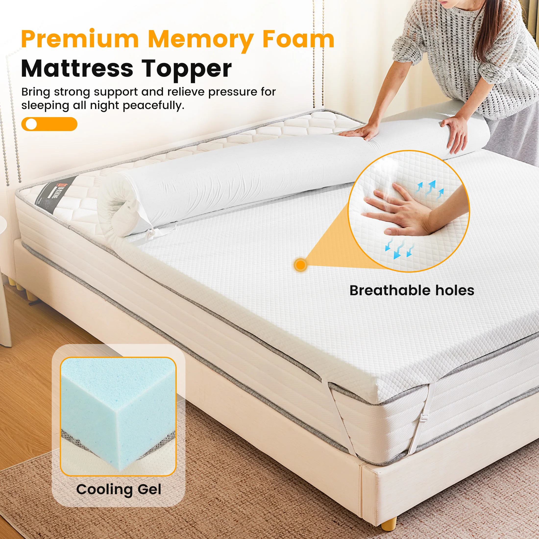 MCQ Memory Foam Mattress Topper with Removable Soft Cover 2 Inch Thick Gel Infused Cooling Toppers Pad Sleeper Sofa Bed Topper
