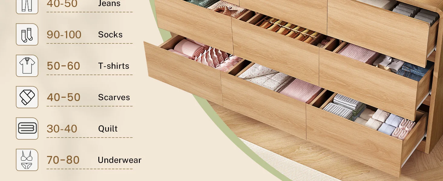 9 Drawer Dresser for Bedroom, 63" Wide Dressers & Chest of Drawers with Curved Profile Design, Wood Closet Storage Dressers Orga