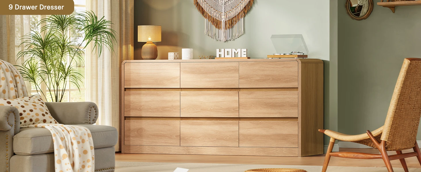 9 Drawer Dresser for Bedroom, 63" Wide Dressers & Chest of Drawers with Curved Profile Design, Wood Closet Storage Dressers Orga