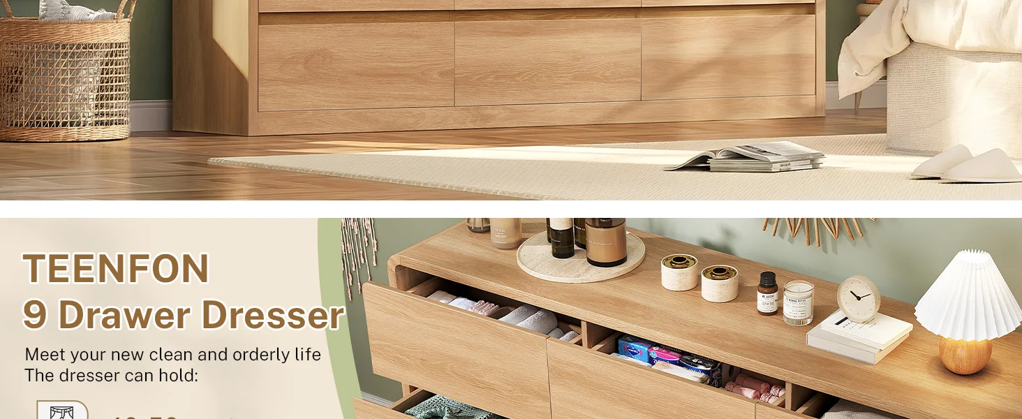 9 Drawer Dresser for Bedroom, 63" Wide Dressers & Chest of Drawers with Curved Profile Design, Wood Closet Storage Dressers Orga