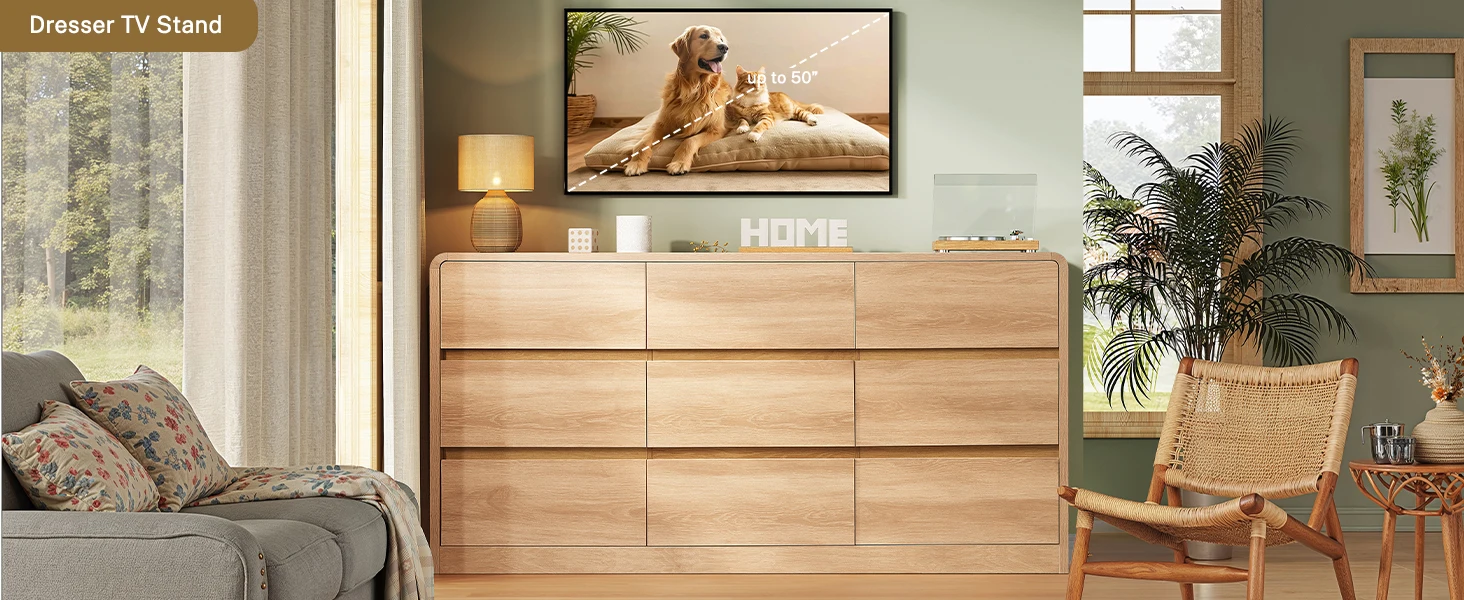 9 Drawer Dresser for Bedroom, 63" Wide Dressers & Chest of Drawers with Curved Profile Design, Wood Closet Storage Dressers Orga