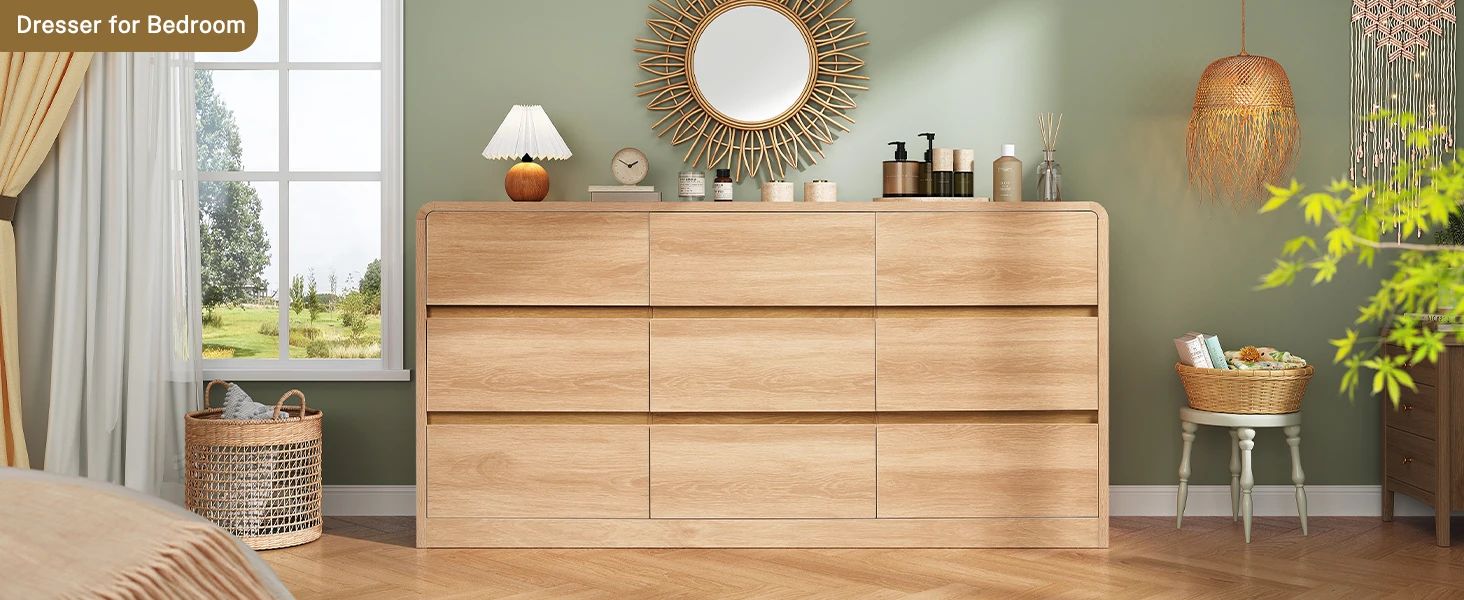 9 Drawer Dresser for Bedroom, 63" Wide Dressers & Chest of Drawers with Curved Profile Design, Wood Closet Storage Dressers Orga