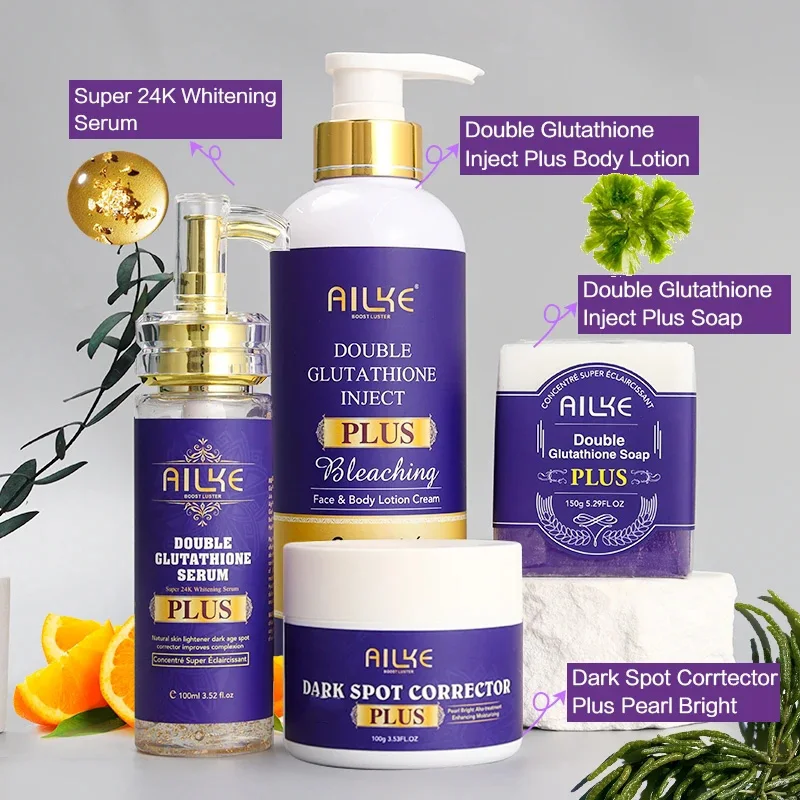 AILKE Double Glutathione PLUS Whitening Skin Care Set, Moisturizing, Reduce Dark Spots, Freckles, Melasma, Hyperpigmentation