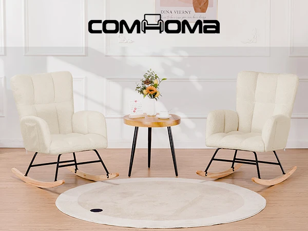 COMHOMA Nursery Rocking Chair, Teddy Glider with Side Pockets, High Back Chair for Adults, Bedroom & Living Room