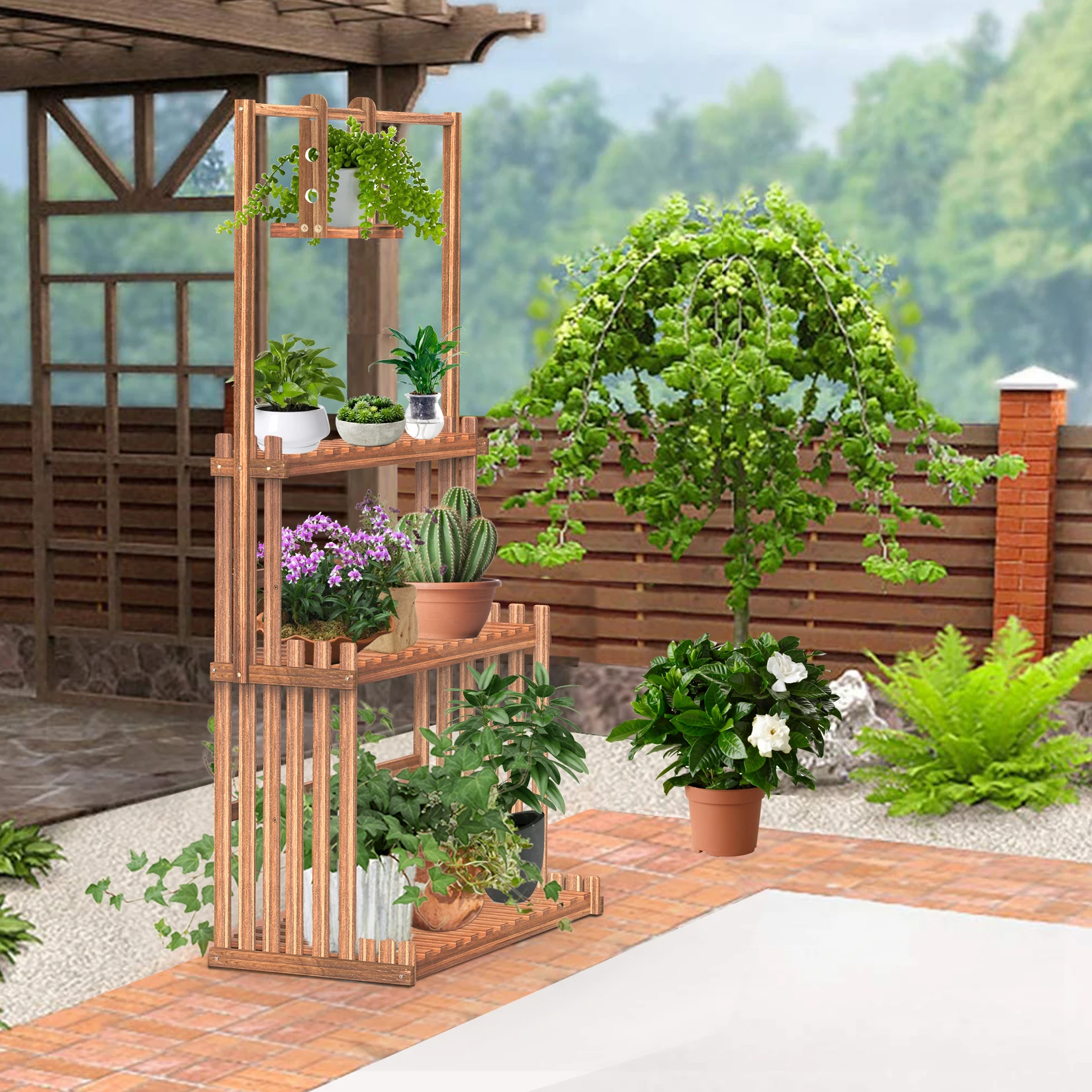 3 Tiers Wood Hanging Plant Stand Heavy Duty Garden Tall Flower Display Rack Holder