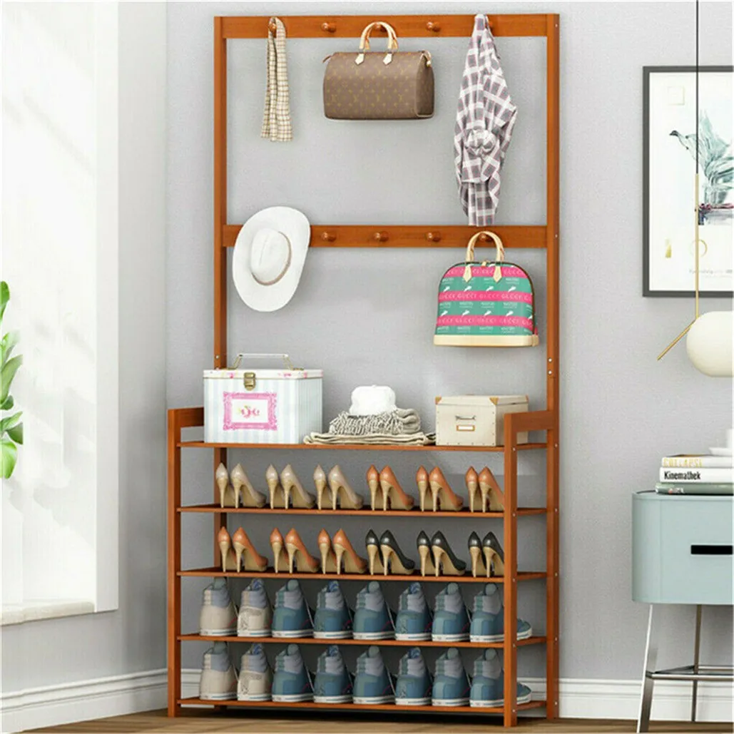185cm Large Wooden 5 Tiers Hall Tree Hat Coat Stand with 8 Hooks Clothes Shoe Rack Hanger Hooks Shelf Storage 