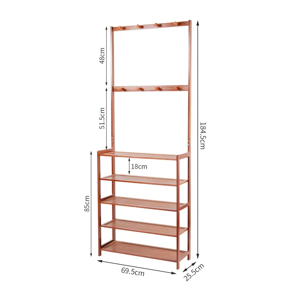 185cm Large Wooden 5 Tiers Hall Tree Hat Coat Stand with 8 Hooks Clothes Shoe Rack Hanger Hooks Shelf Storage 