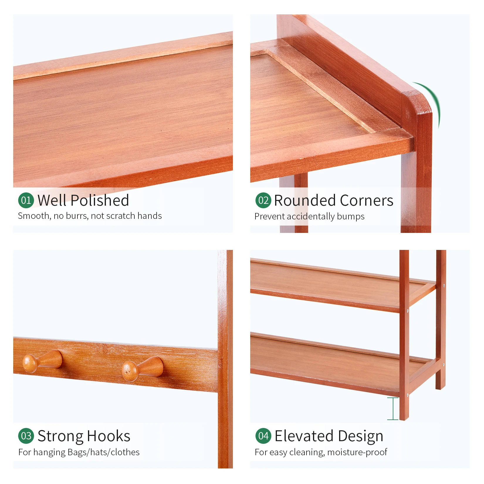 185cm Large Wooden 5 Tiers Hall Tree Hat Coat Stand with 8 Hooks Clothes Shoe Rack Hanger Hooks Shelf Storage 